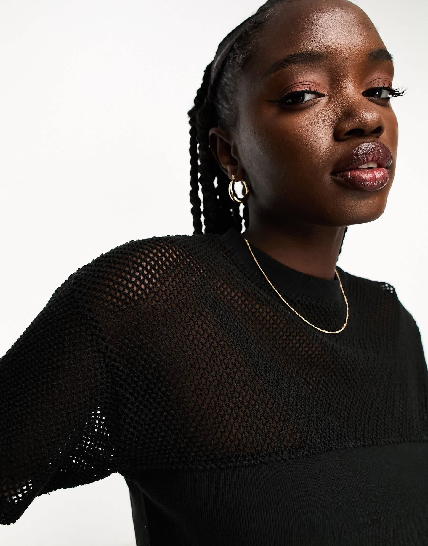 Miss Selfridge oversized boxy short sleeve crop t shirt with fishnet panel co-ord in black