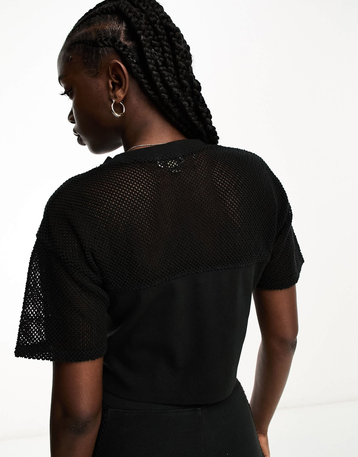 Miss Selfridge oversized boxy short sleeve crop t shirt with fishnet panel co-ord in black