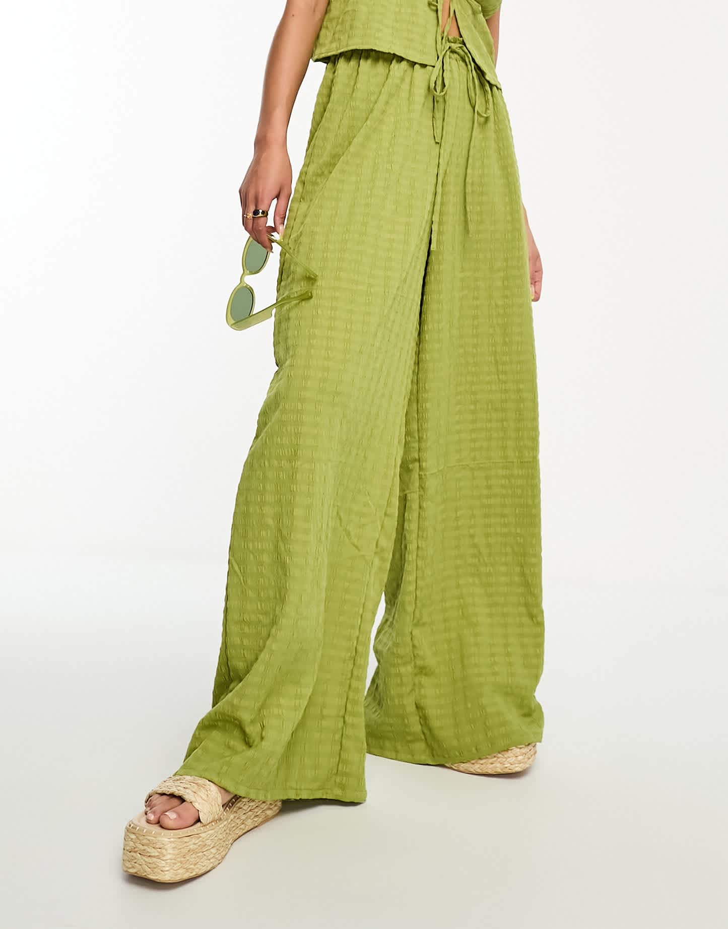 Esmee Exclusive beach textured wide leg trouser co-ord in green