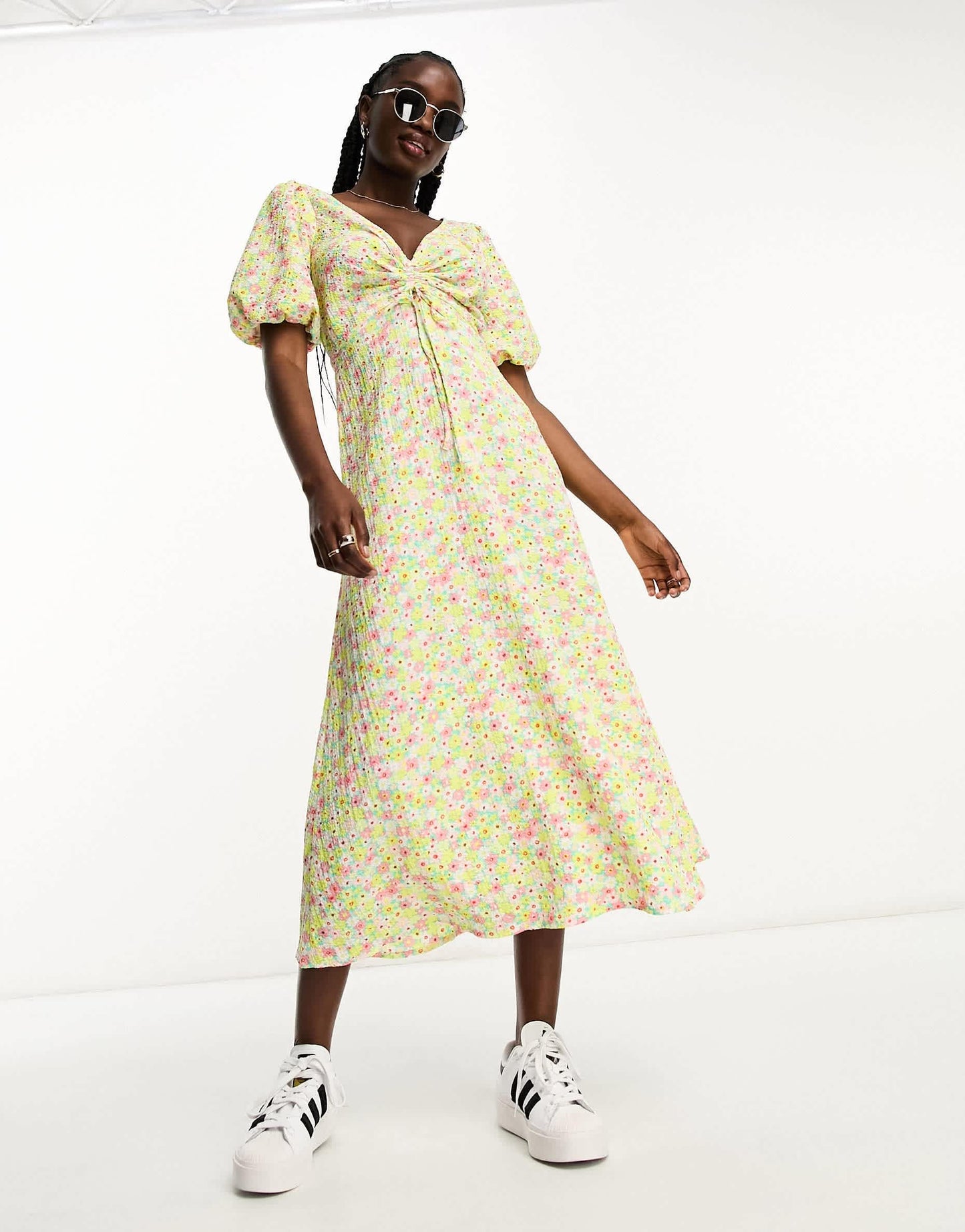 New Look puff sleeve midi dress in multi floral print