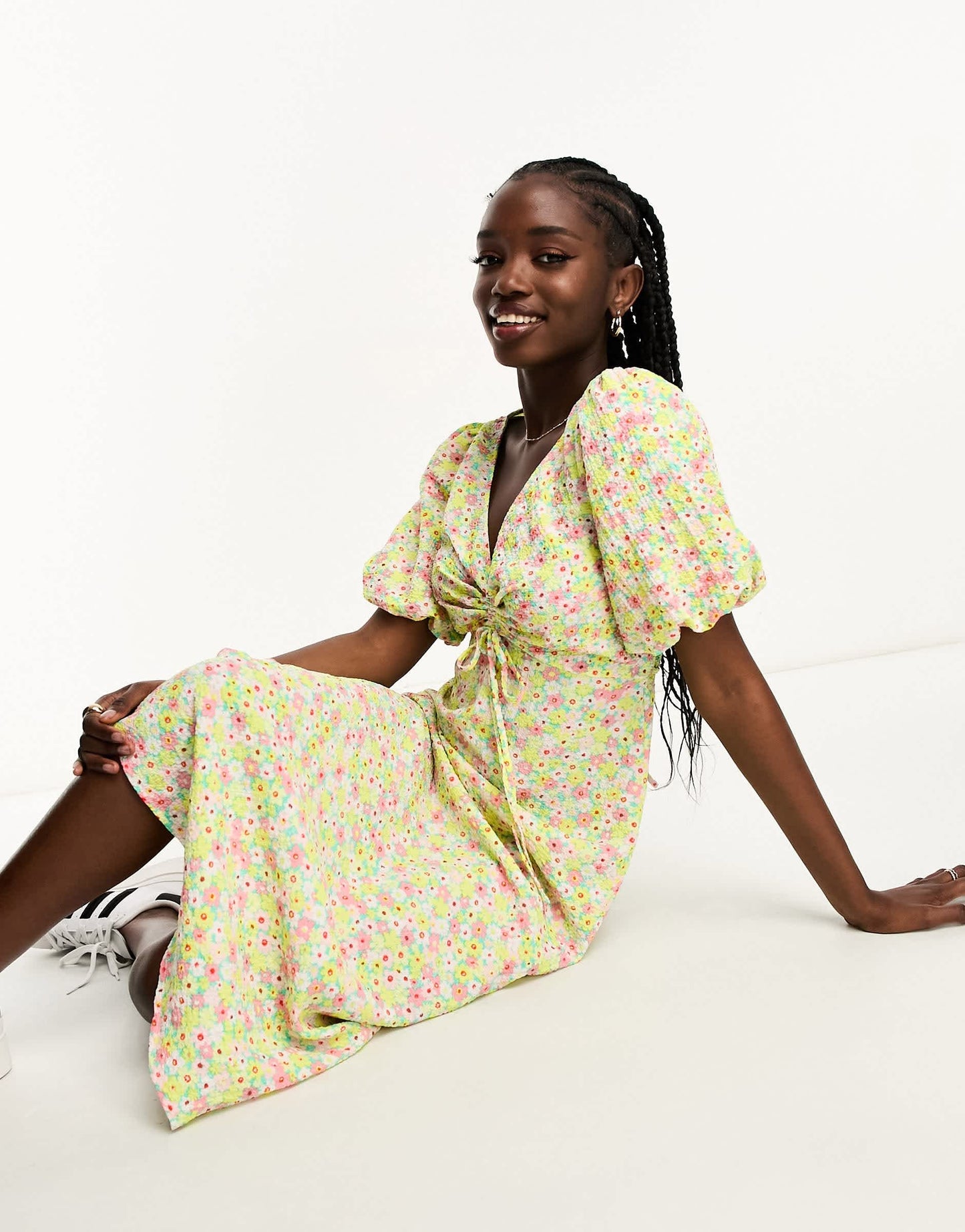 New Look puff sleeve midi dress in multi floral print