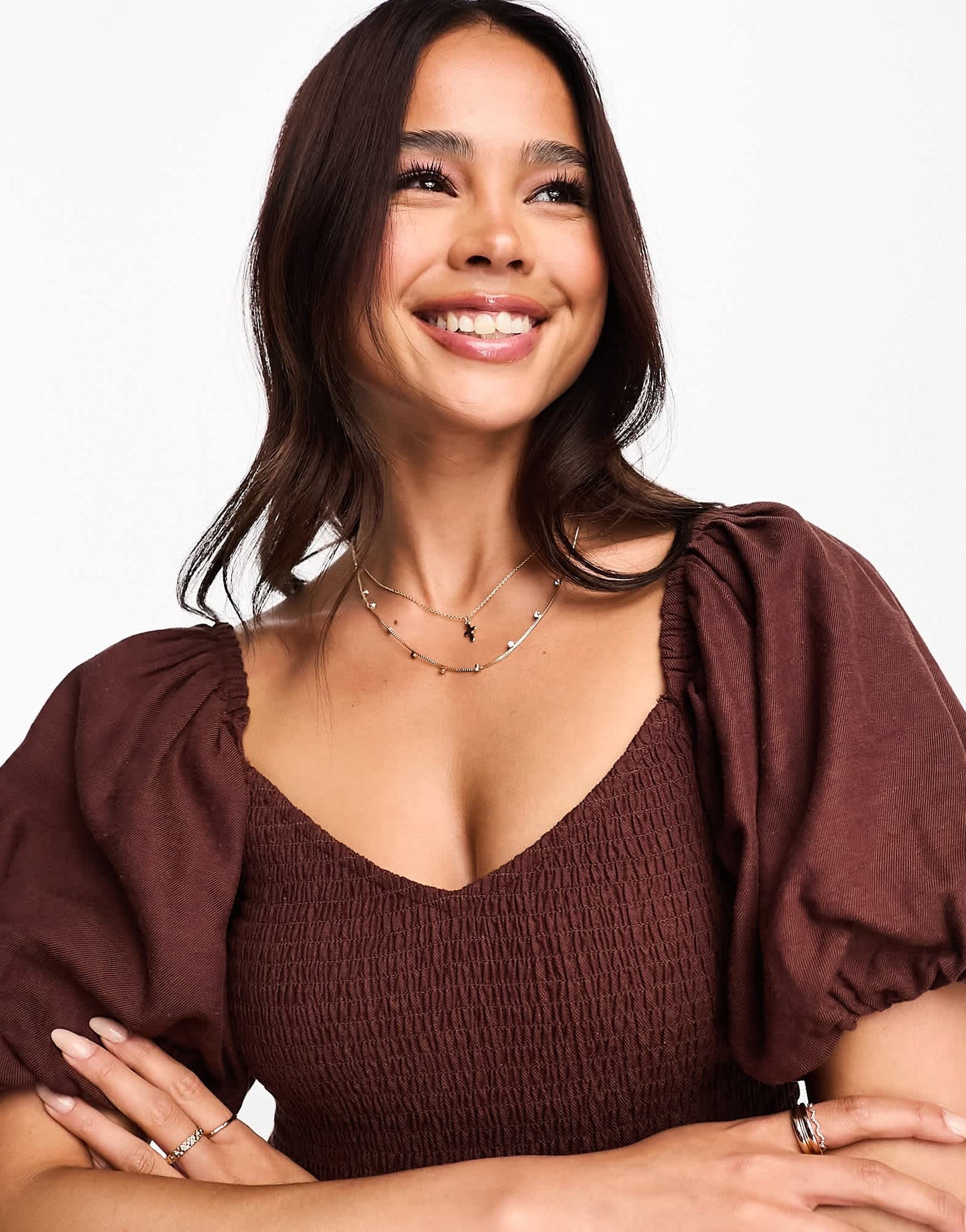 New Look puff sleeve shirred top midi dress in brown
