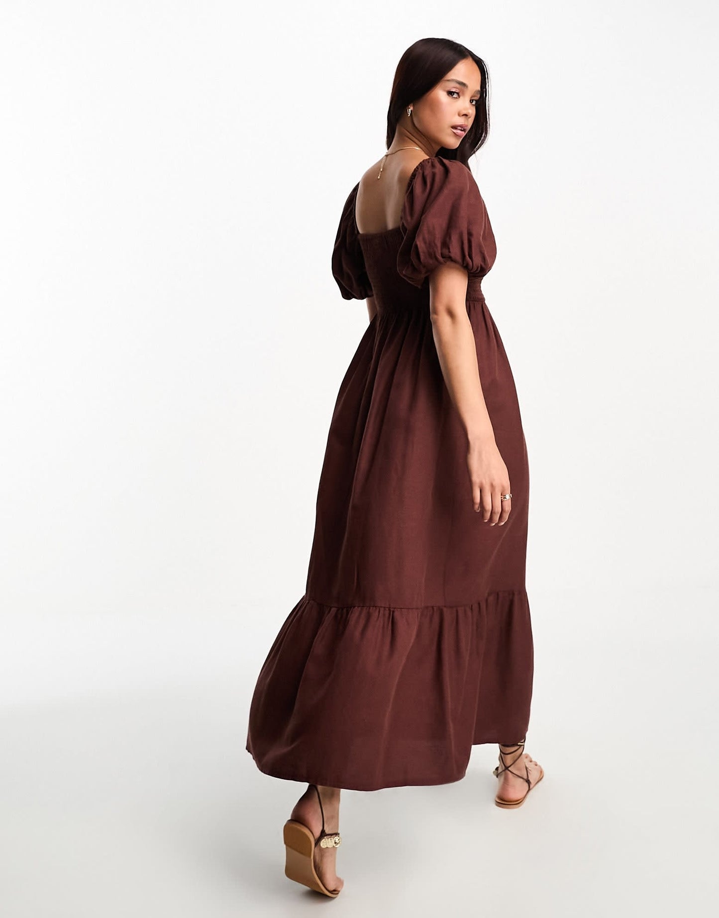New Look puff sleeve shirred top midi dress in brown