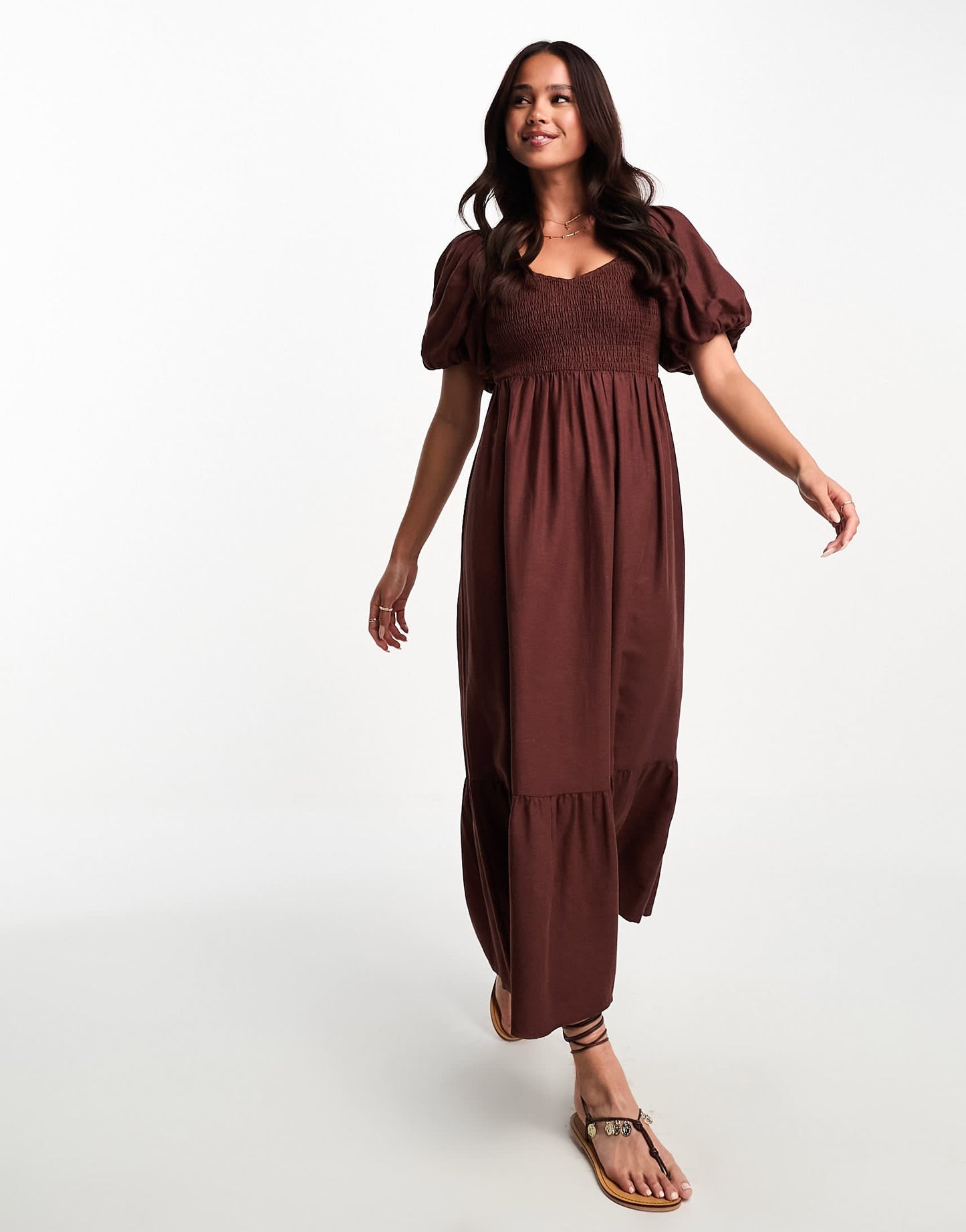 New Look puff sleeve shirred top midi dress in brown