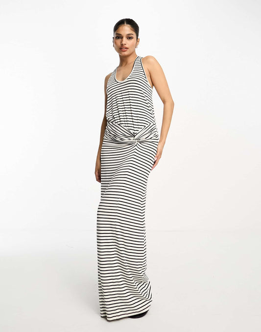 ASOS DESIGN halter neck maxi dress with twist back and ruched skirt in stripe