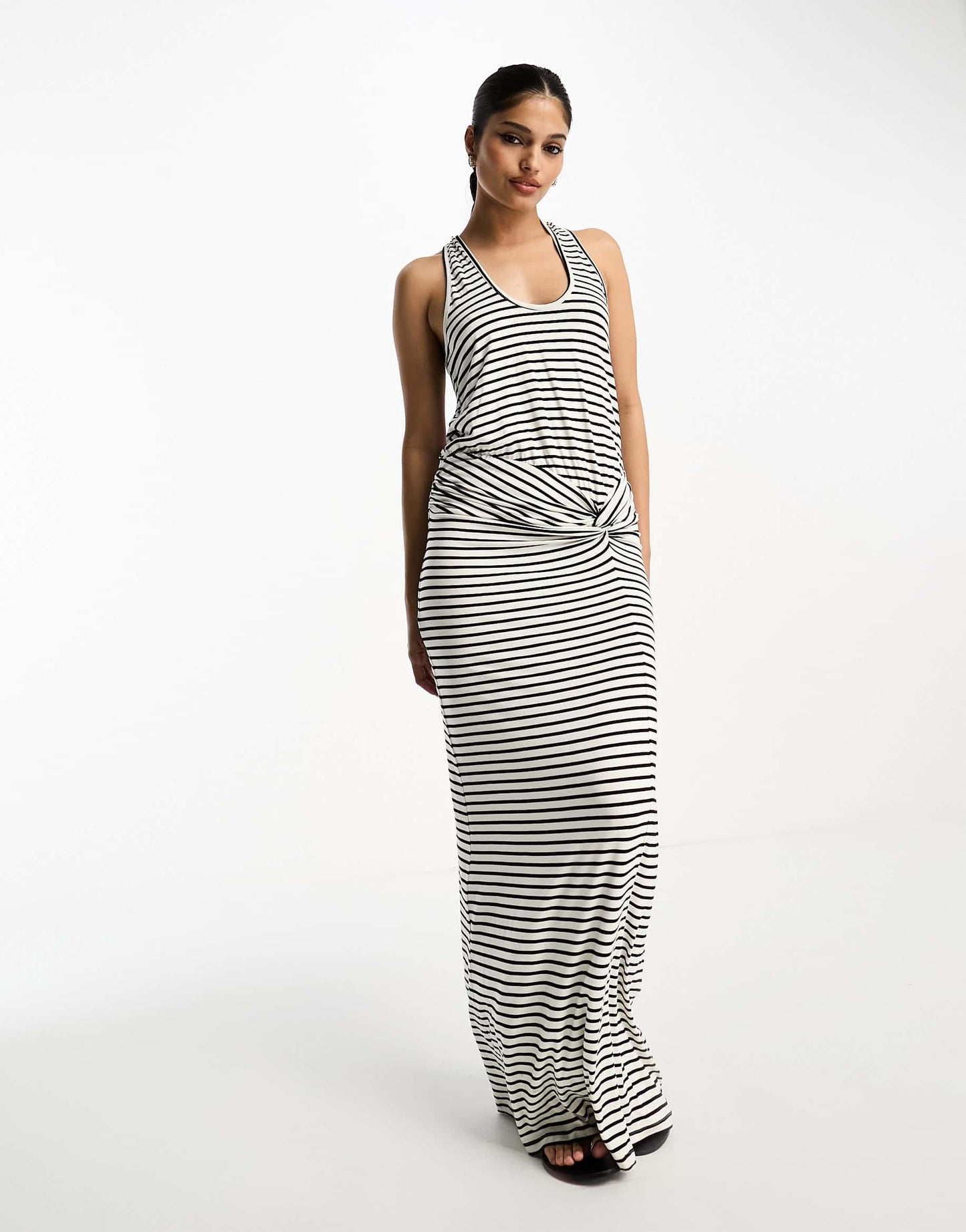 ASOS DESIGN halter neck maxi dress with twist back and ruched skirt in stripe