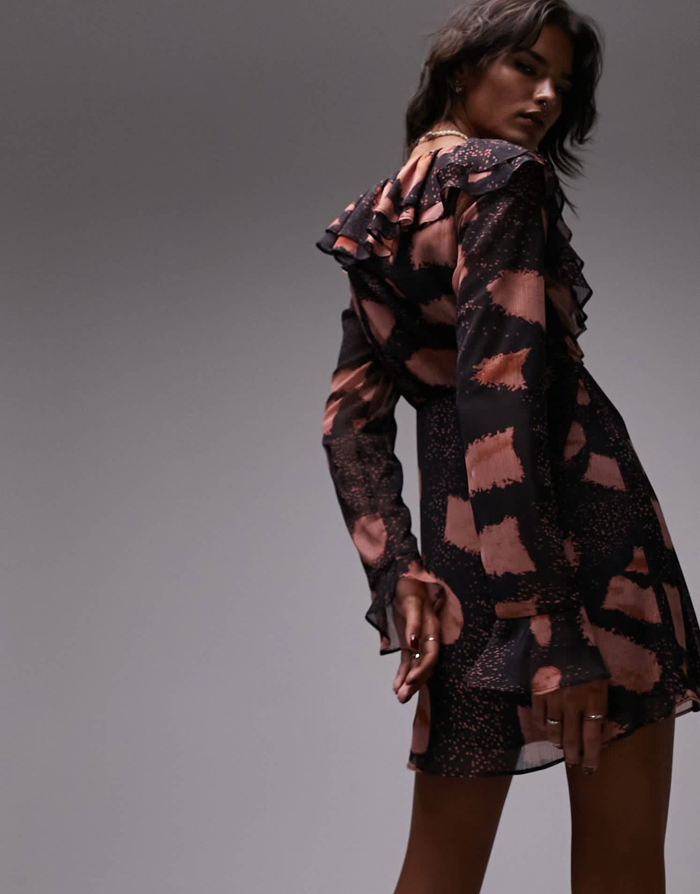 Topshop ruffle v neck mini tea dress in non print