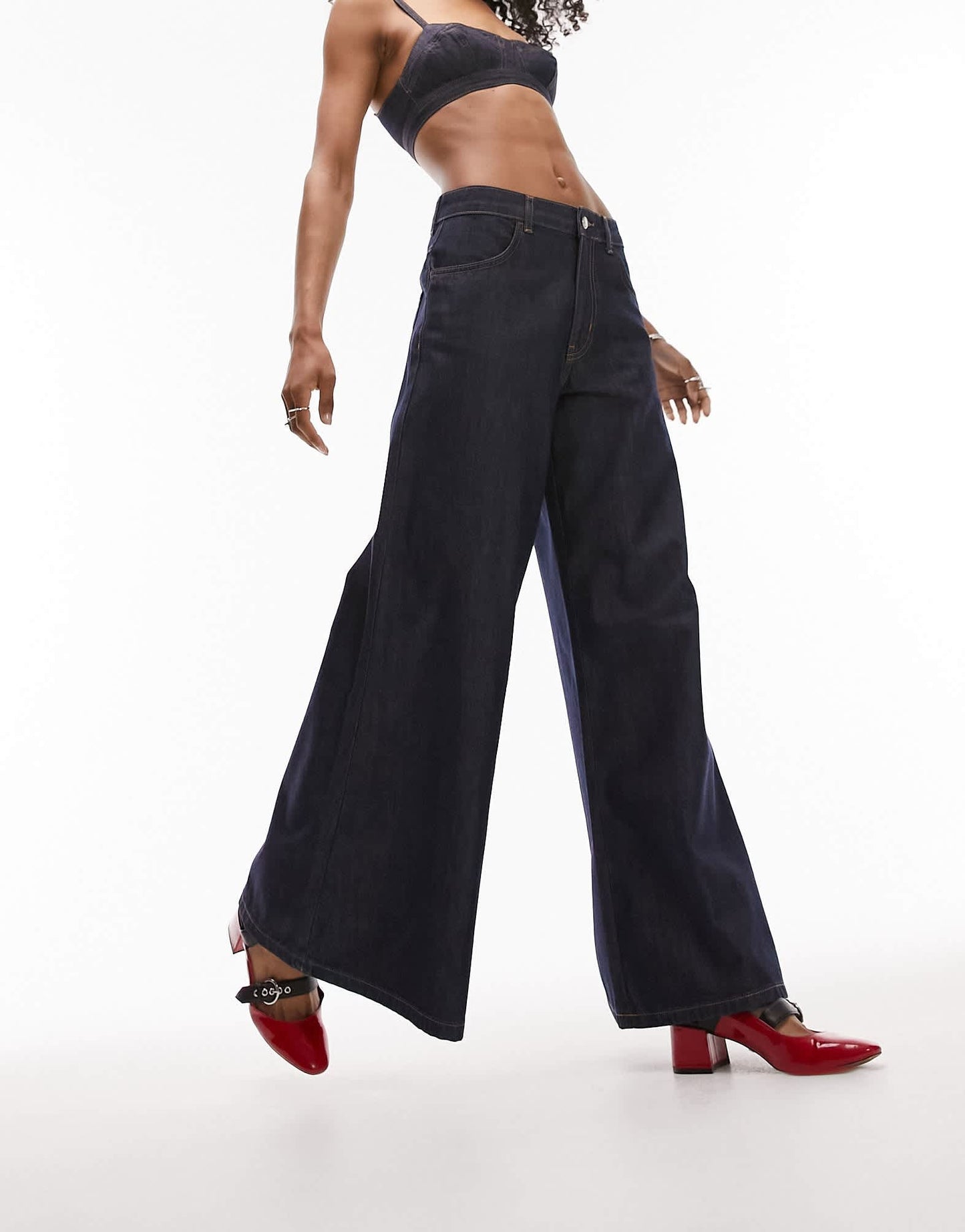 Topshop co ord low rise skater flare jeans in raw indigo