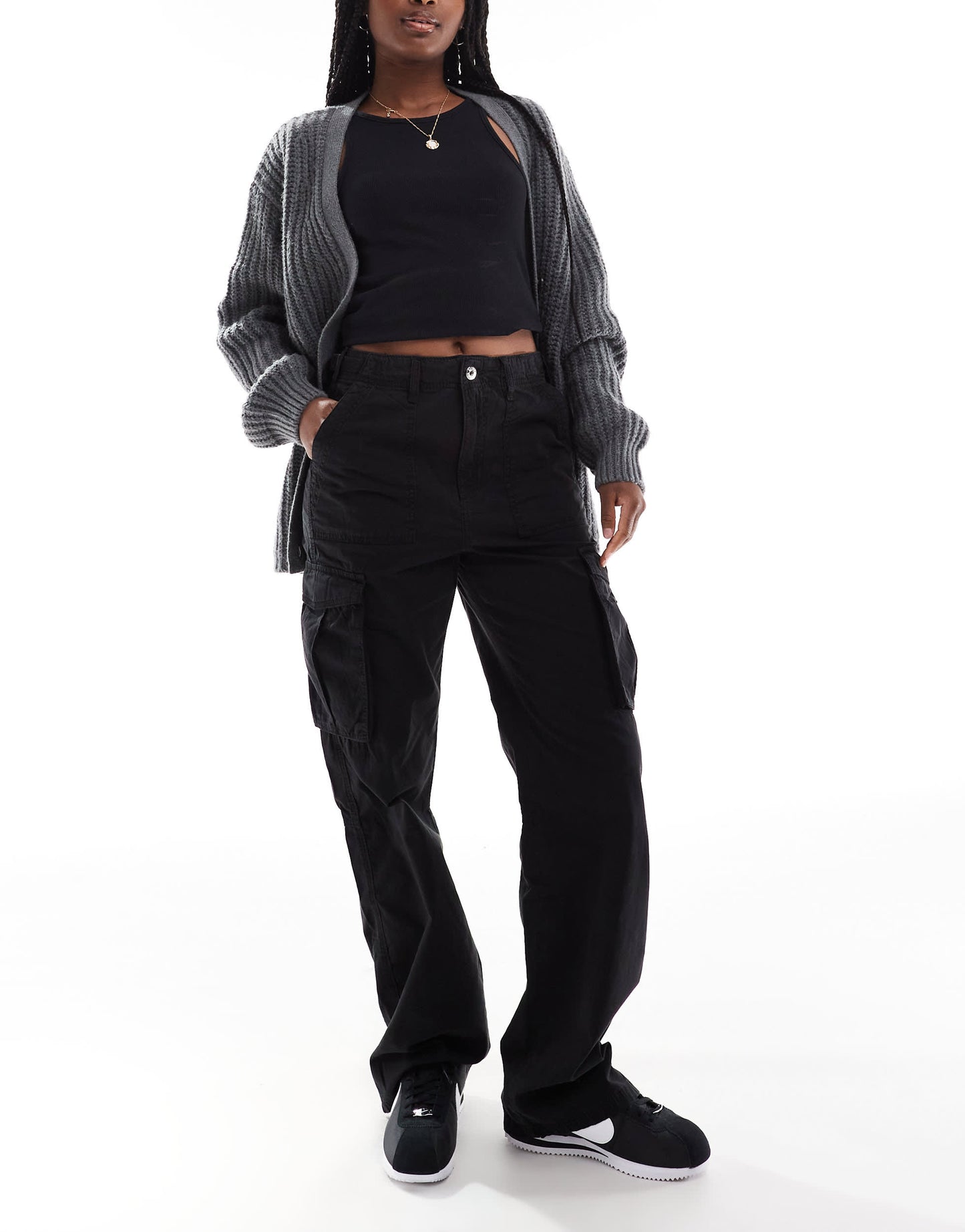 Bershka straight leg cargo trousers in black