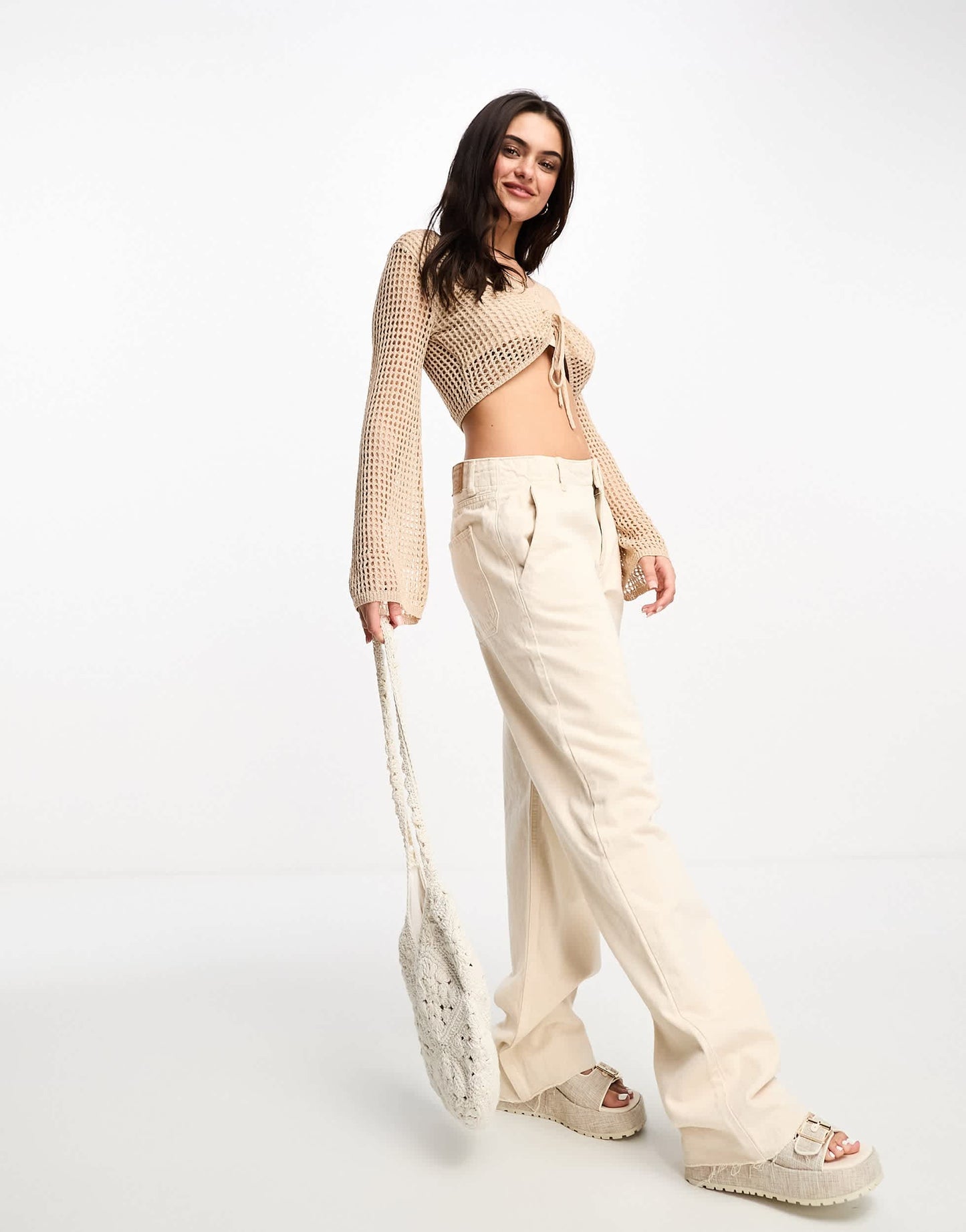 Urban Revivo ruched front knitted top in beige