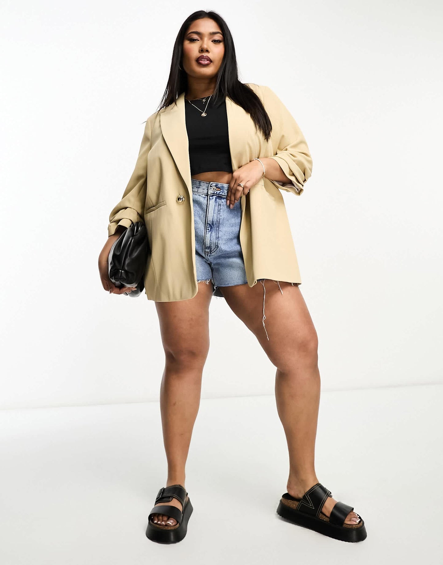 River Island Plus pleated sleeve blazer in dark beige
