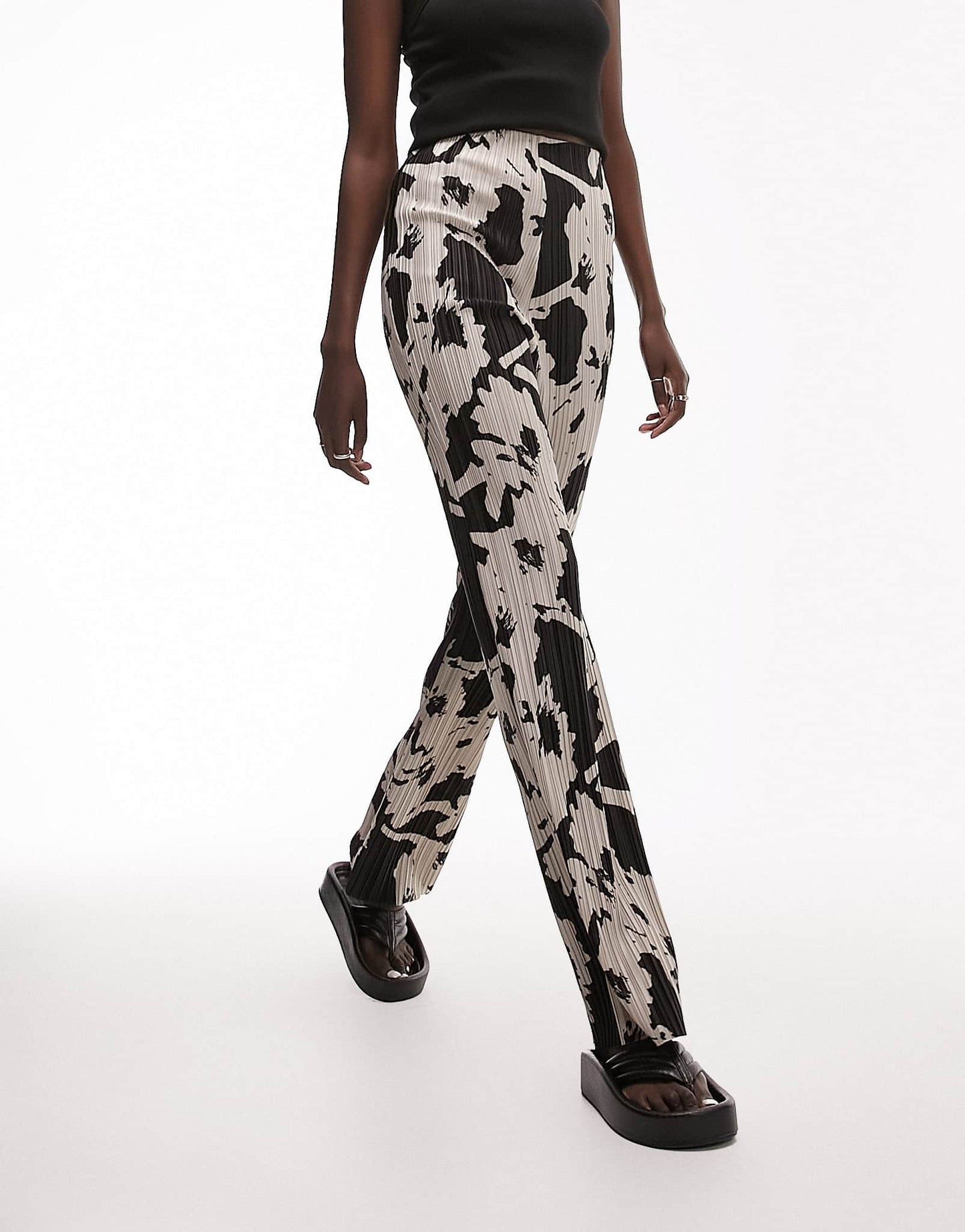 Topshop Tall floral printed plisse straight leg trouser in mono