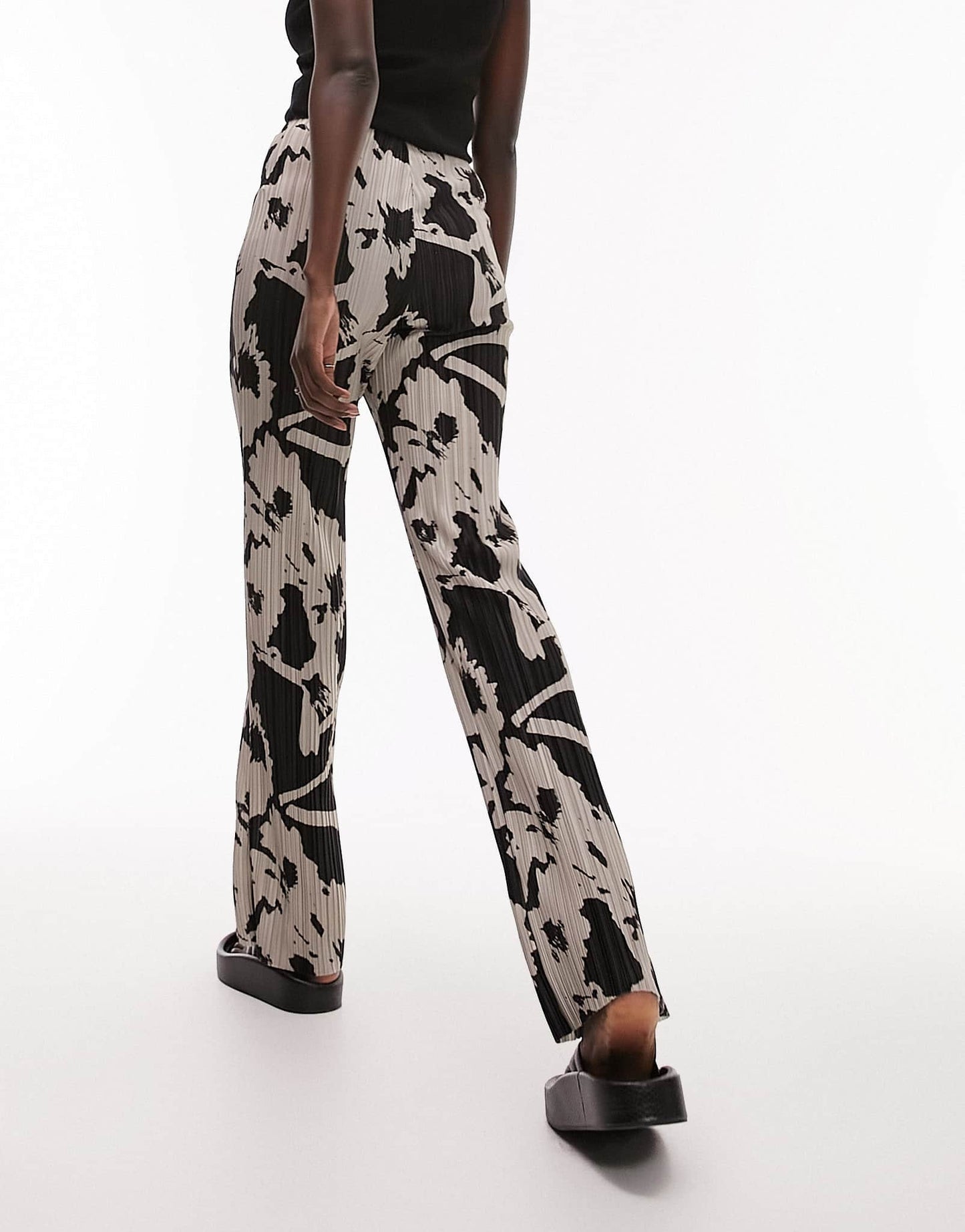 Topshop Tall floral printed plisse straight leg trouser in mono
