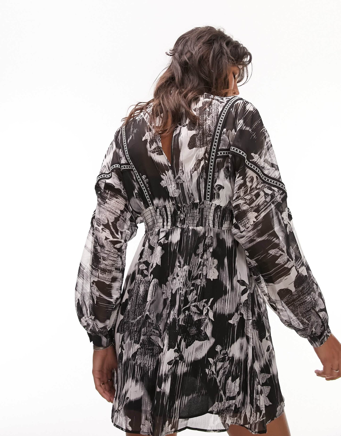 Topshop high neck trim detail mini tea dress in mono scratchy floral print