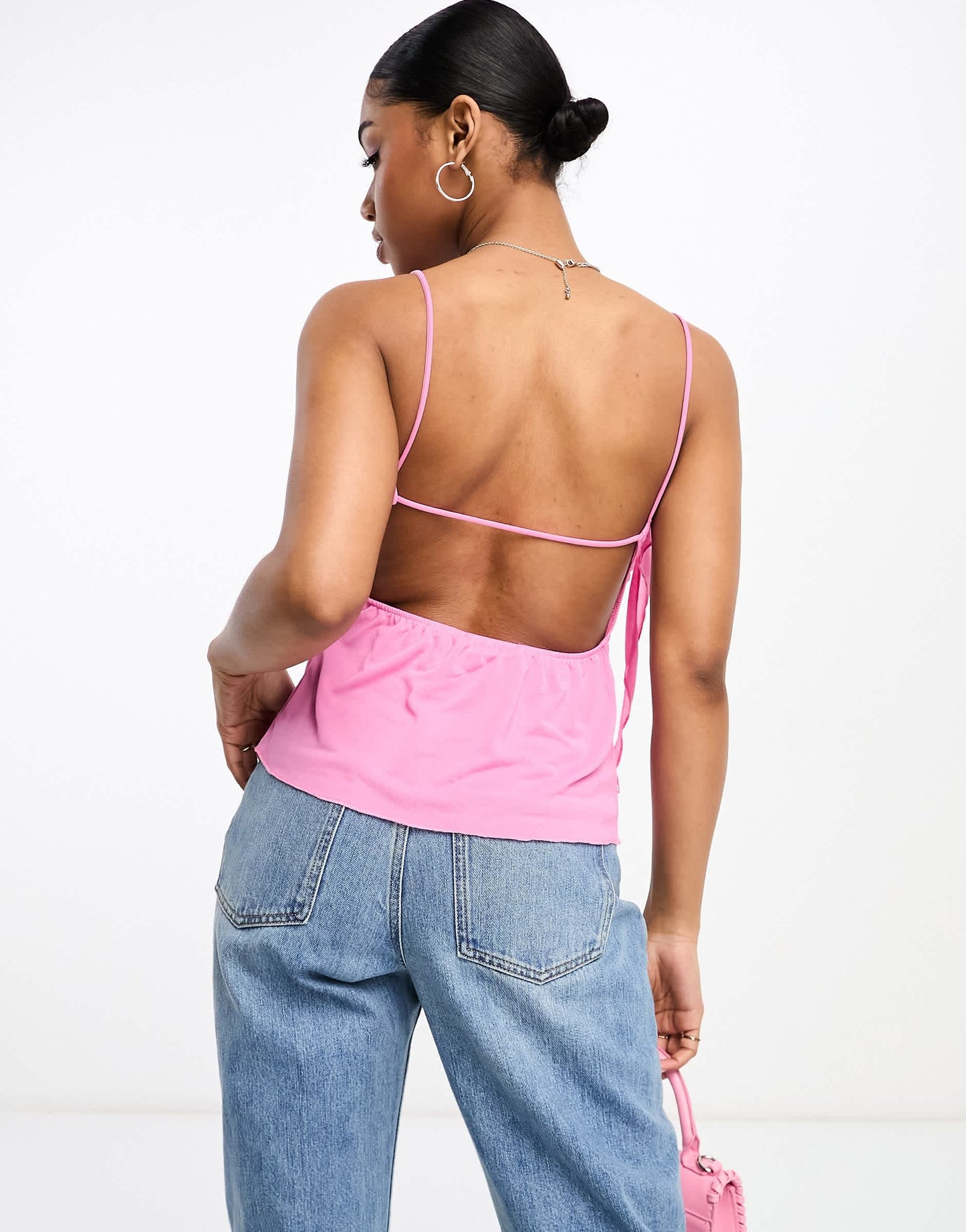 Pull&Bear mesh cowl neck drape detail cami top in pink