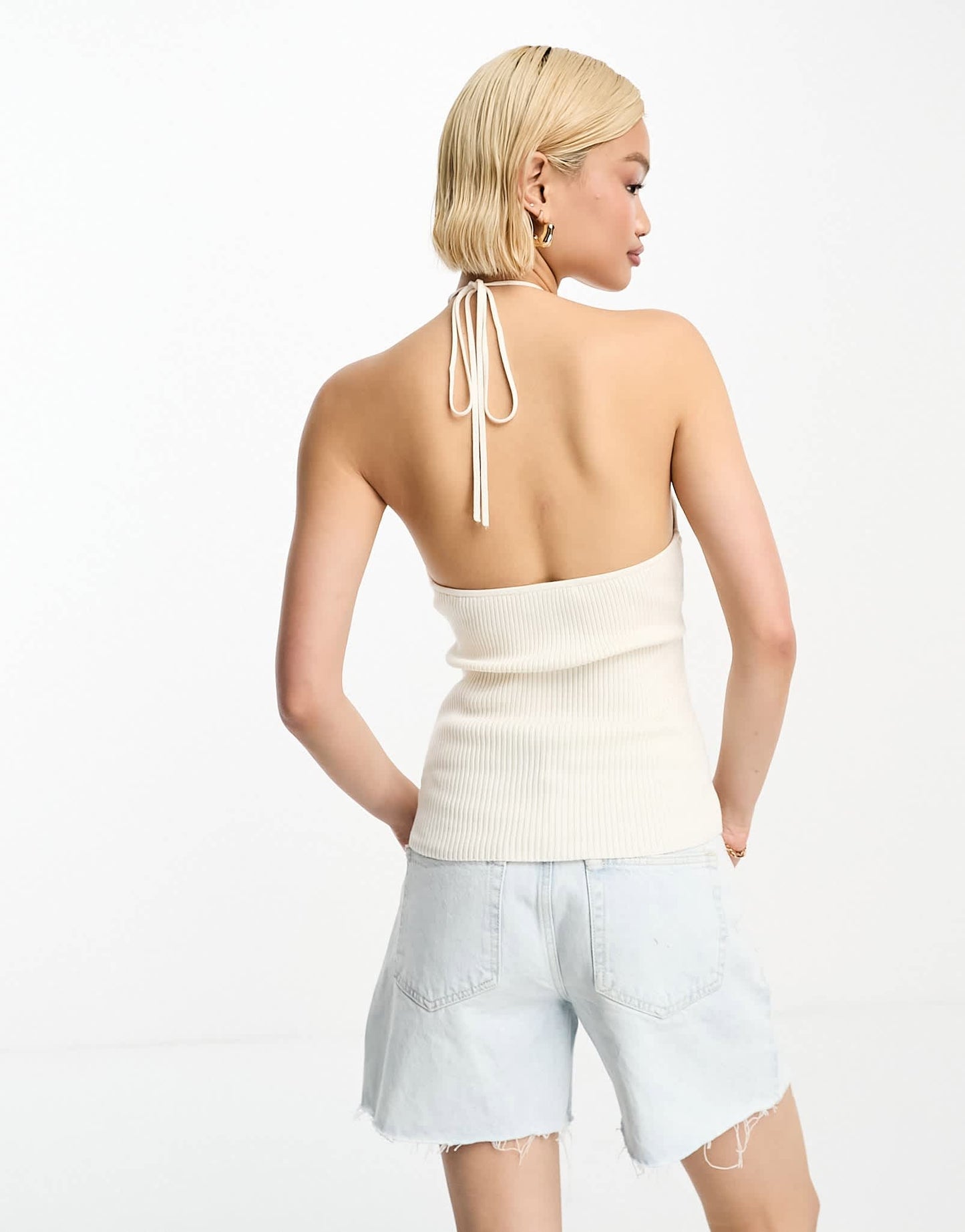& Other Stories cut-out rib knit halter bustier top in off white