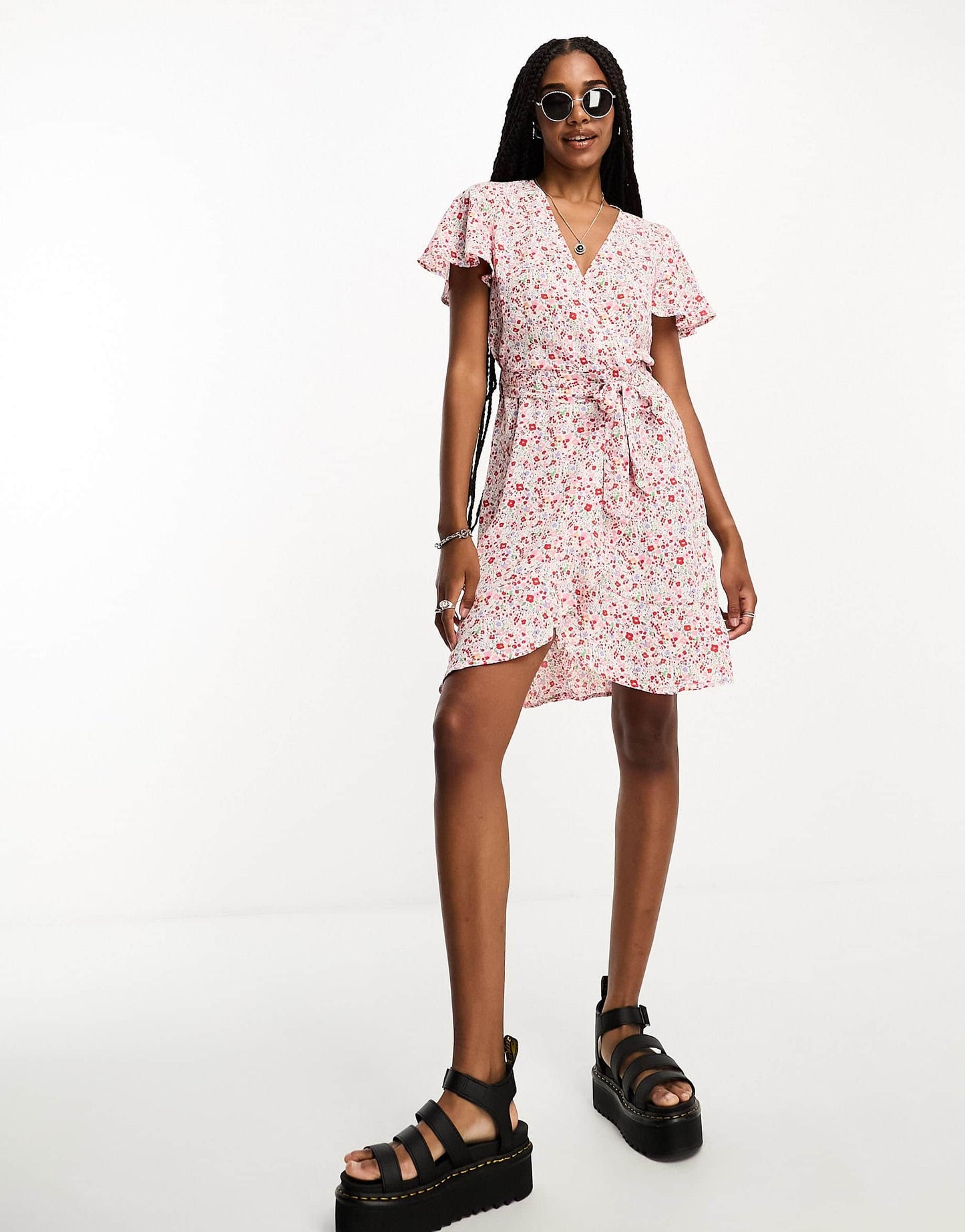 JDY Tall belted wrap mini dress in red and pink floral