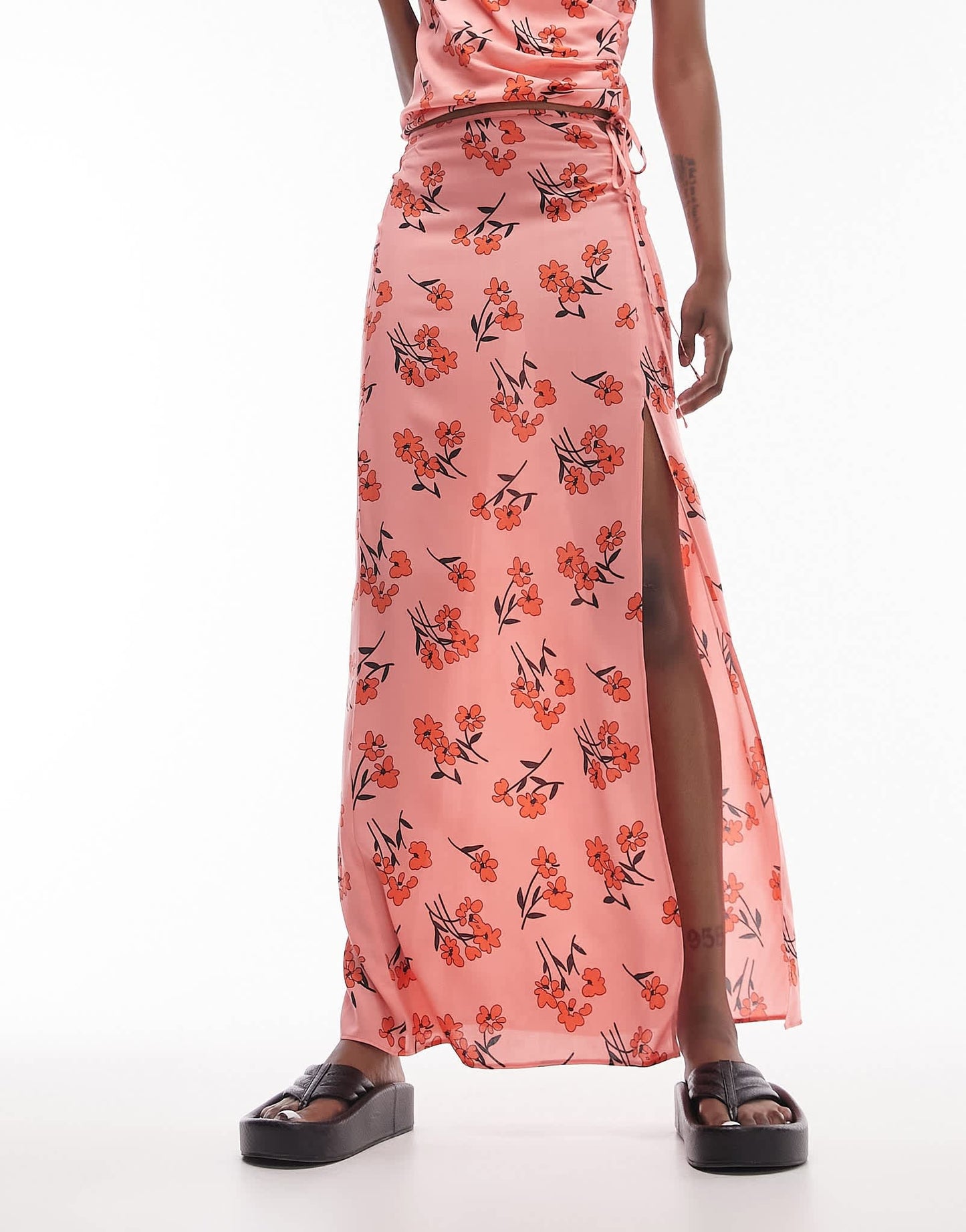 Topshop Tall co-ord cherry blossom split maxi skirt in pink