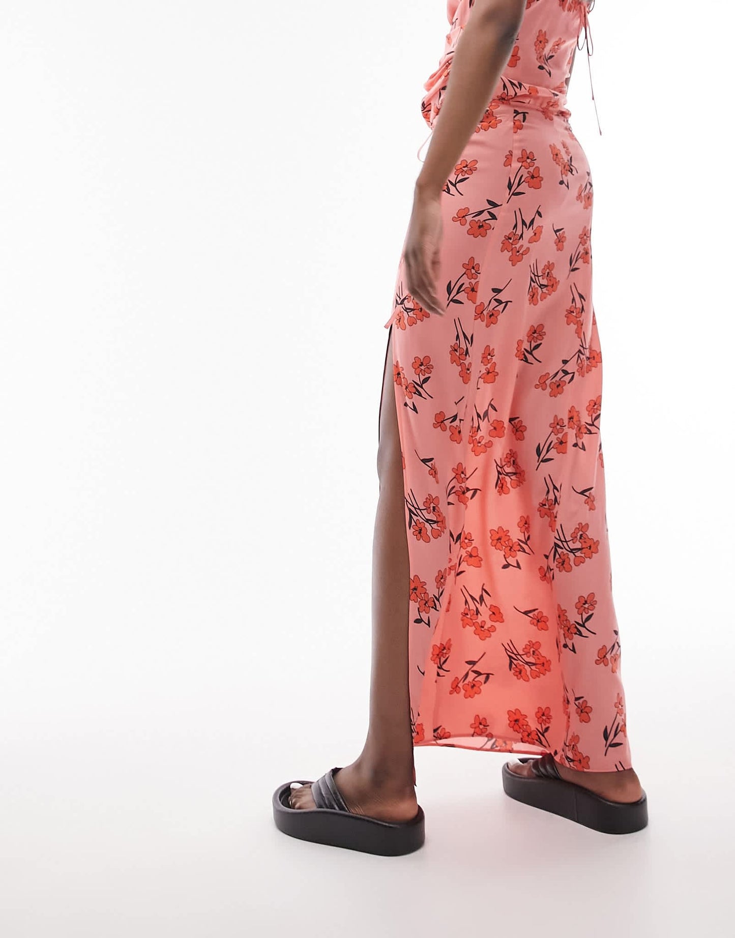 Topshop Tall co-ord cherry blossom split maxi skirt in pink
