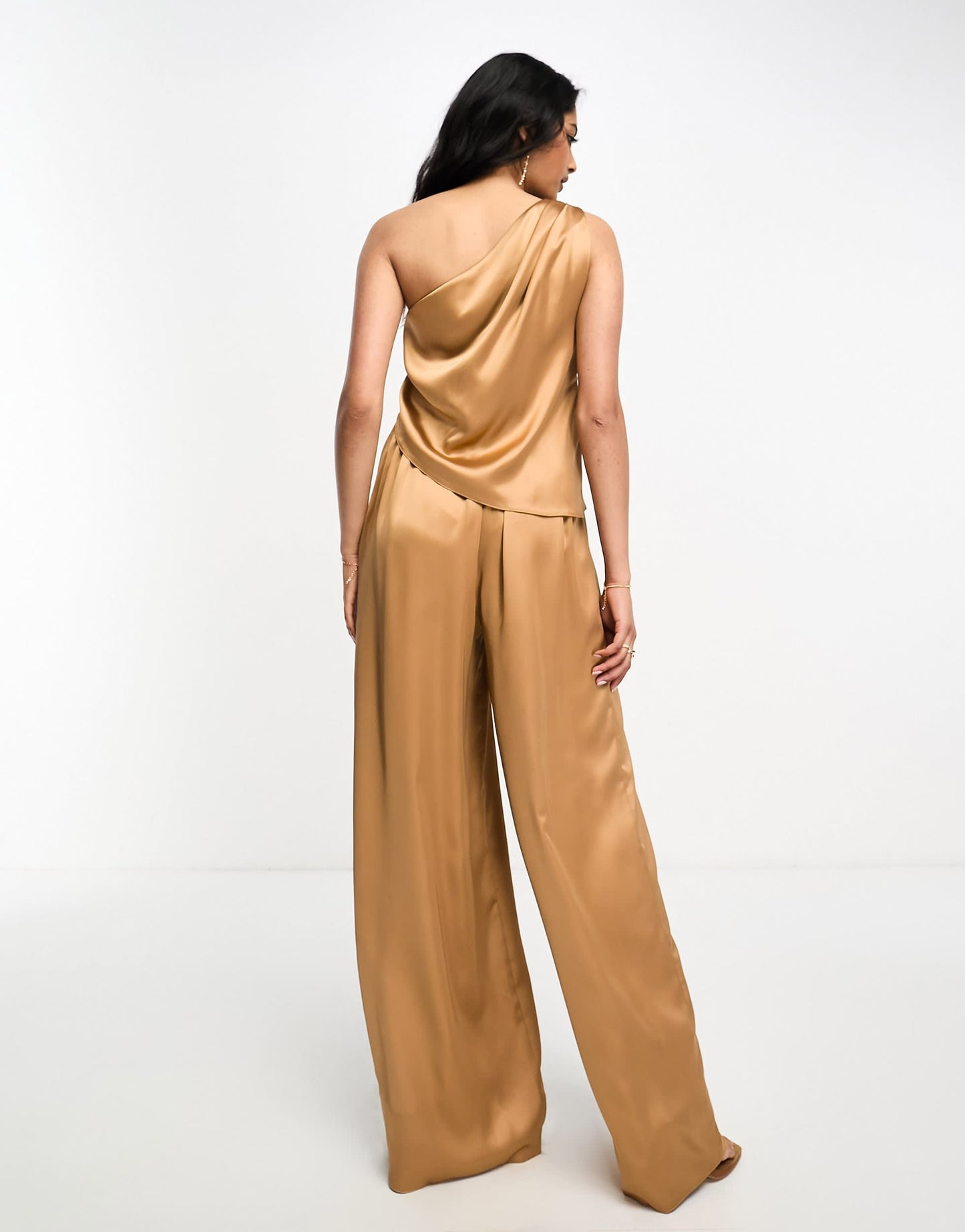 ASOS DESIGN satin drape jumpsuit with gold hardware in camel