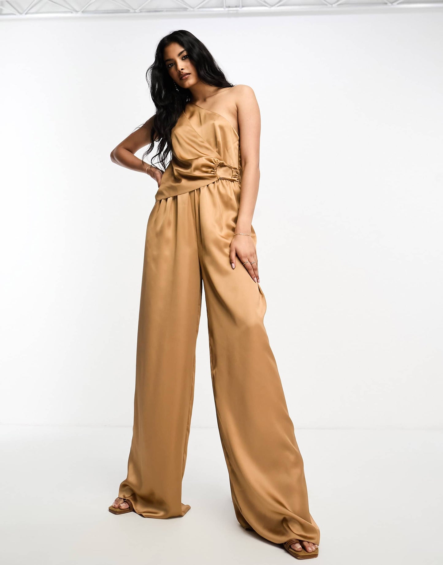 ASOS DESIGN satin drape jumpsuit with gold hardware in camel