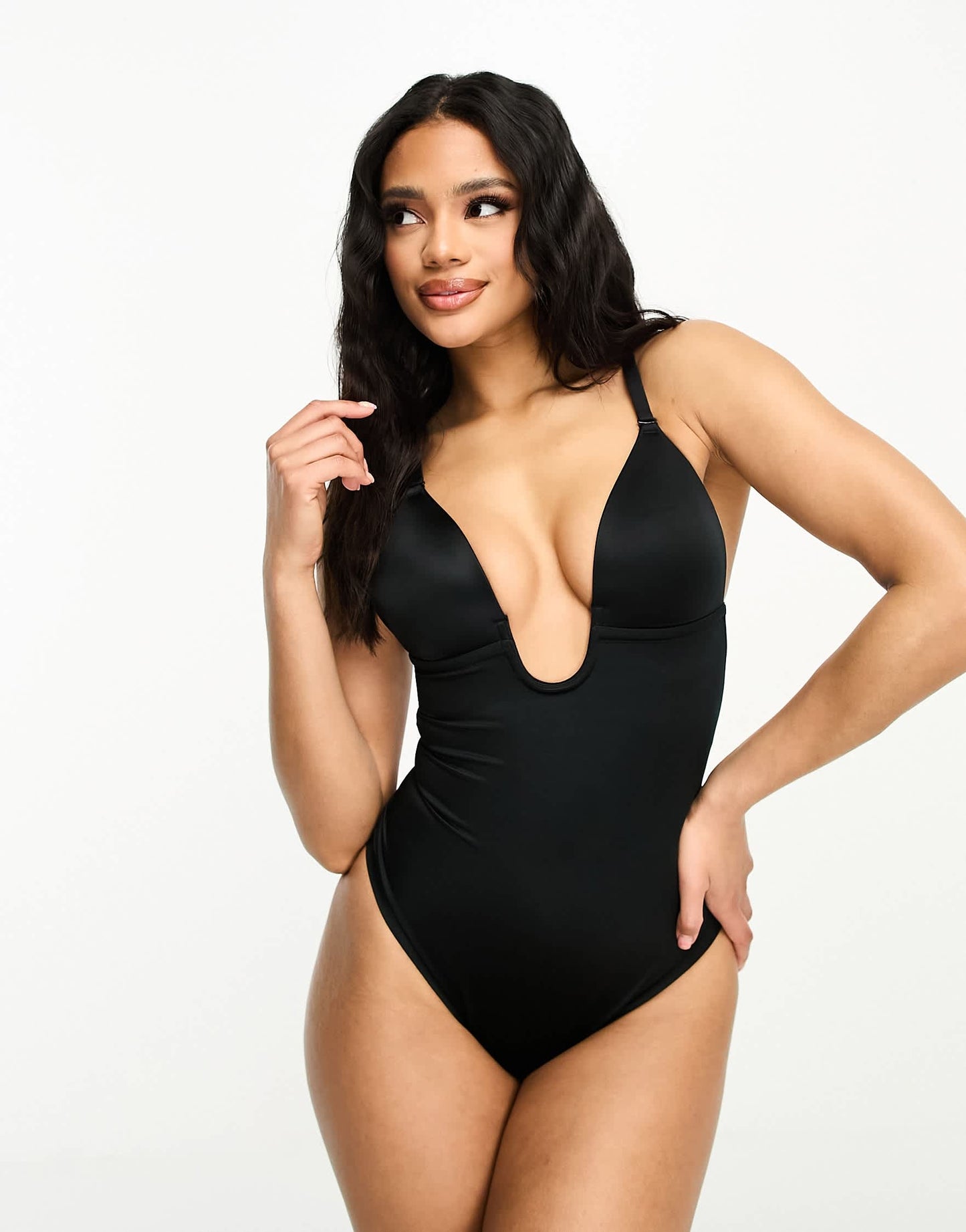 Spanx Suit Your Fancy low back thong smoothing plunge bodysuit in black