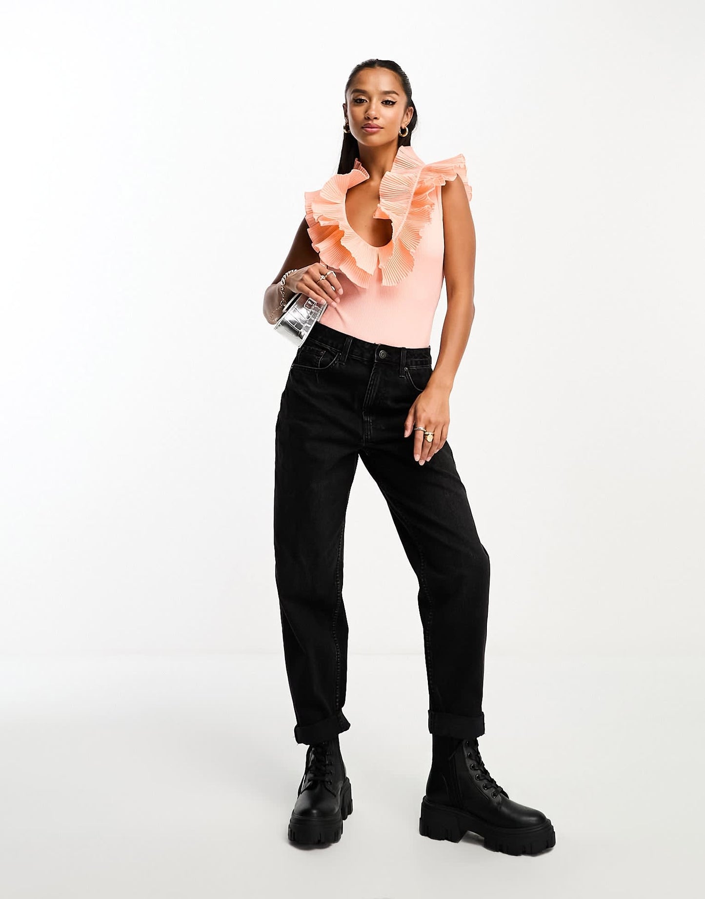 River Island Petite frill neck top in peach