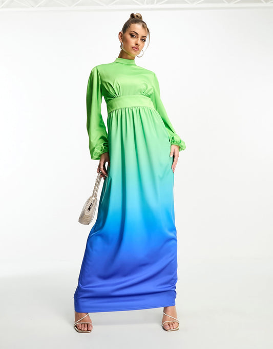 Flounce London balloon sleeve maxi dress in blue and green ombre