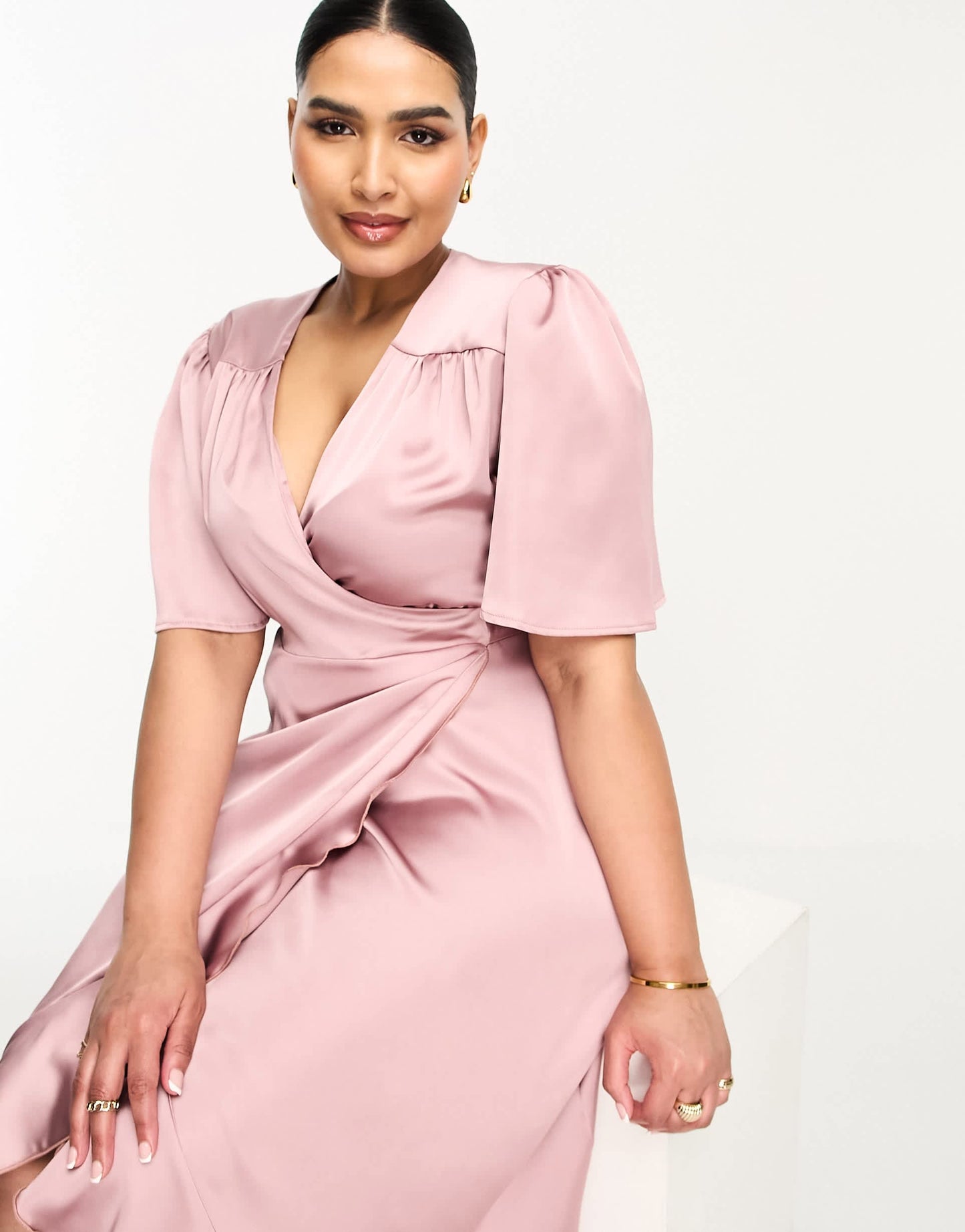 Flounce London Plus wrap front satin midi dress with flutter sleeves in heather rose