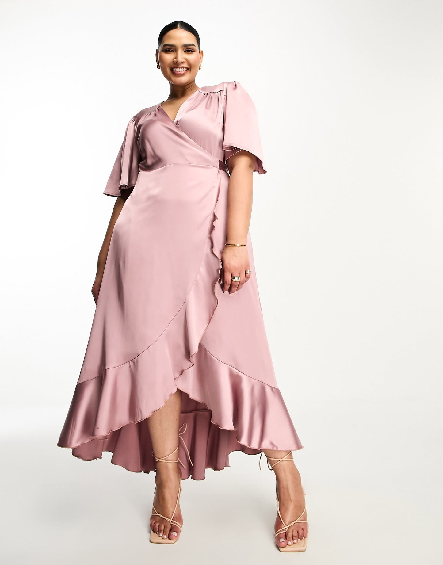 Flounce London Plus wrap front satin midi dress with flutter sleeves in heather rose
