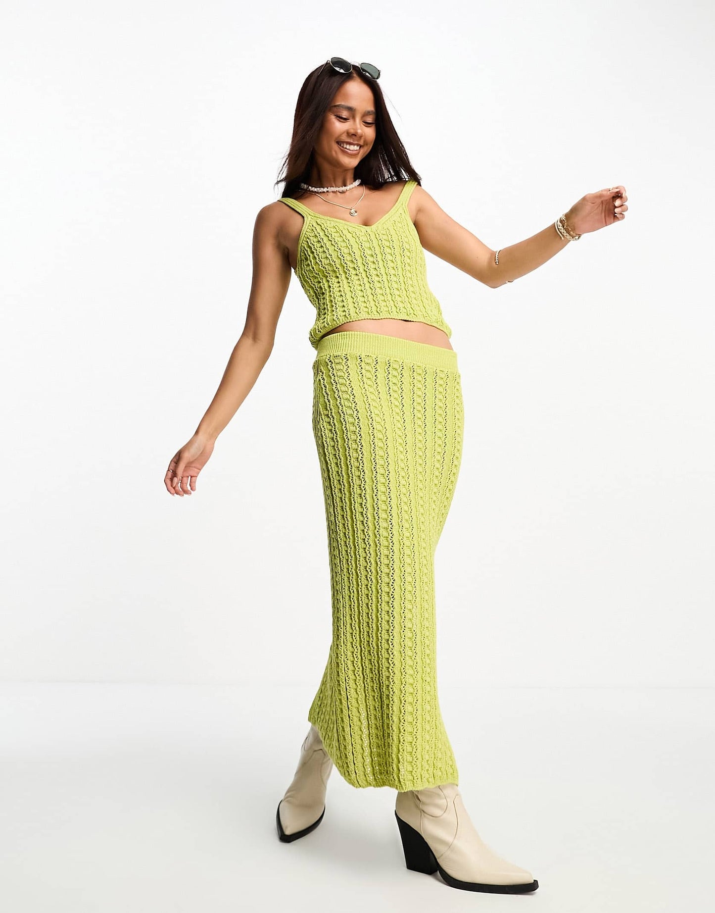ASOS DESIGN knitted crochet crop top in green co-ord