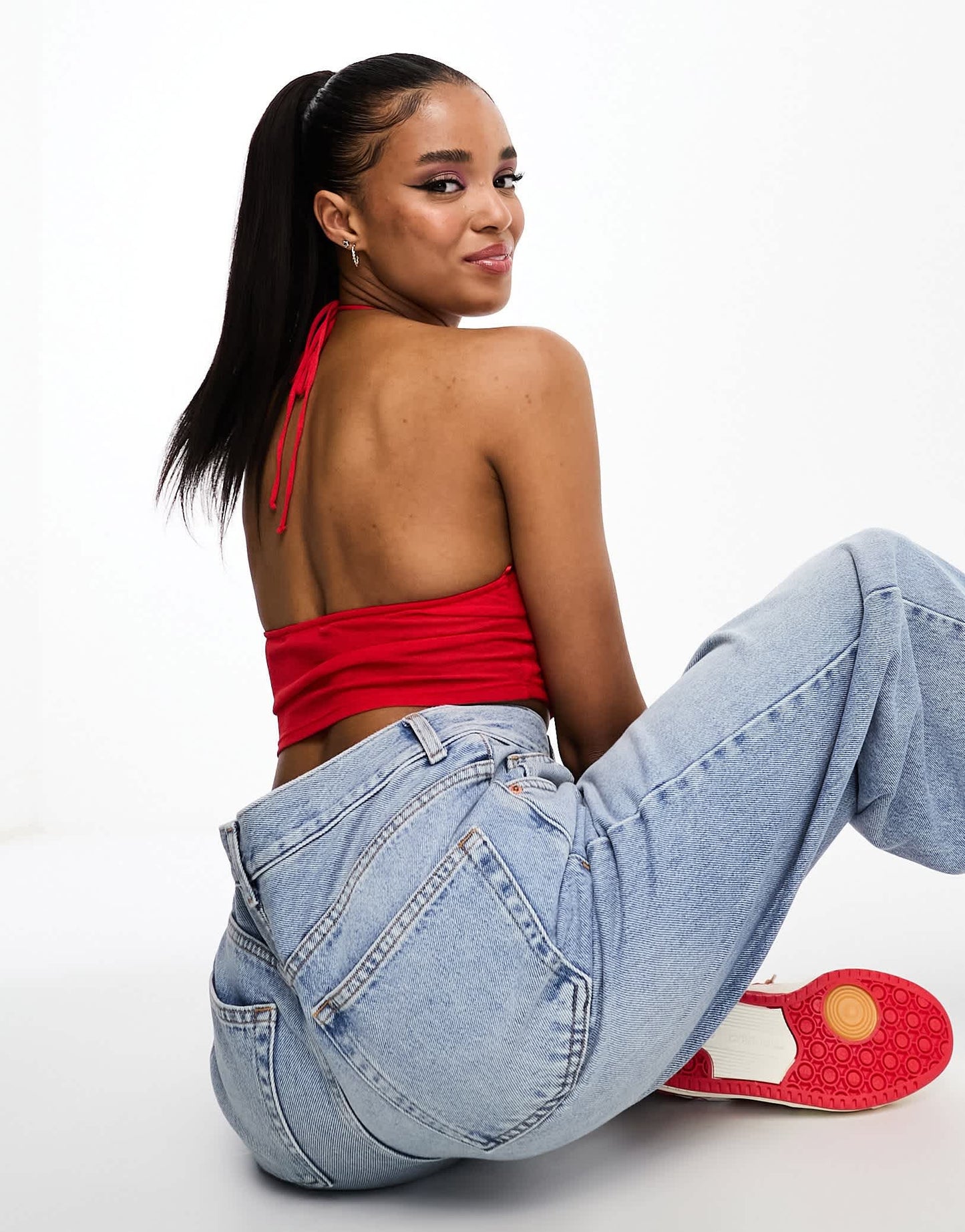 Pull&Bear ruched halterneck crop top in red