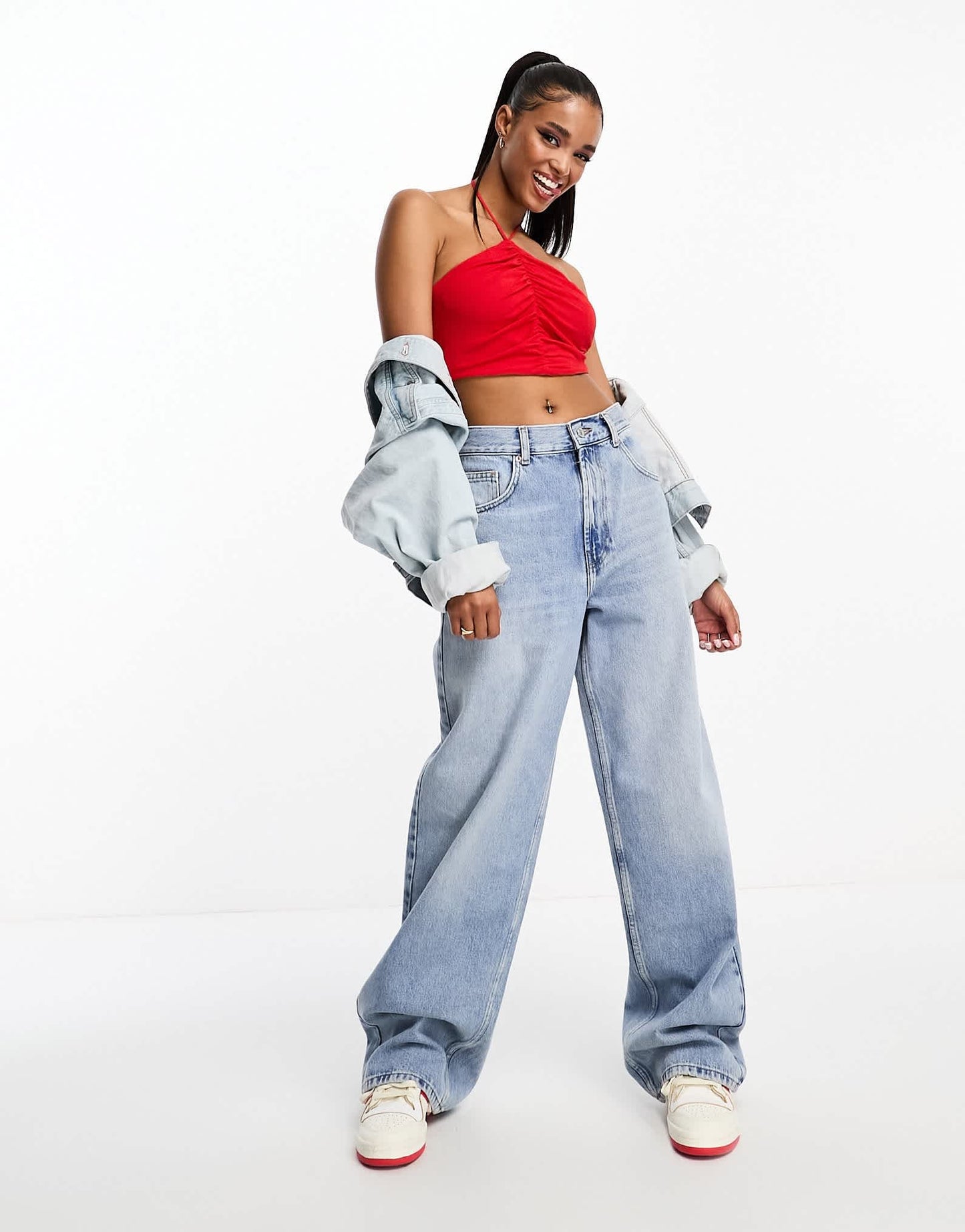 Pull&Bear ruched halterneck crop top in red