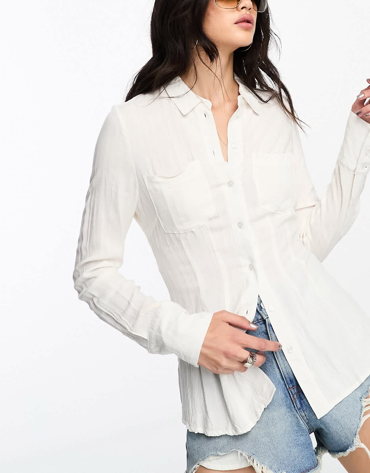 Something New X Emma Fridsell patterned open back fitted shirt with lace up detail in white