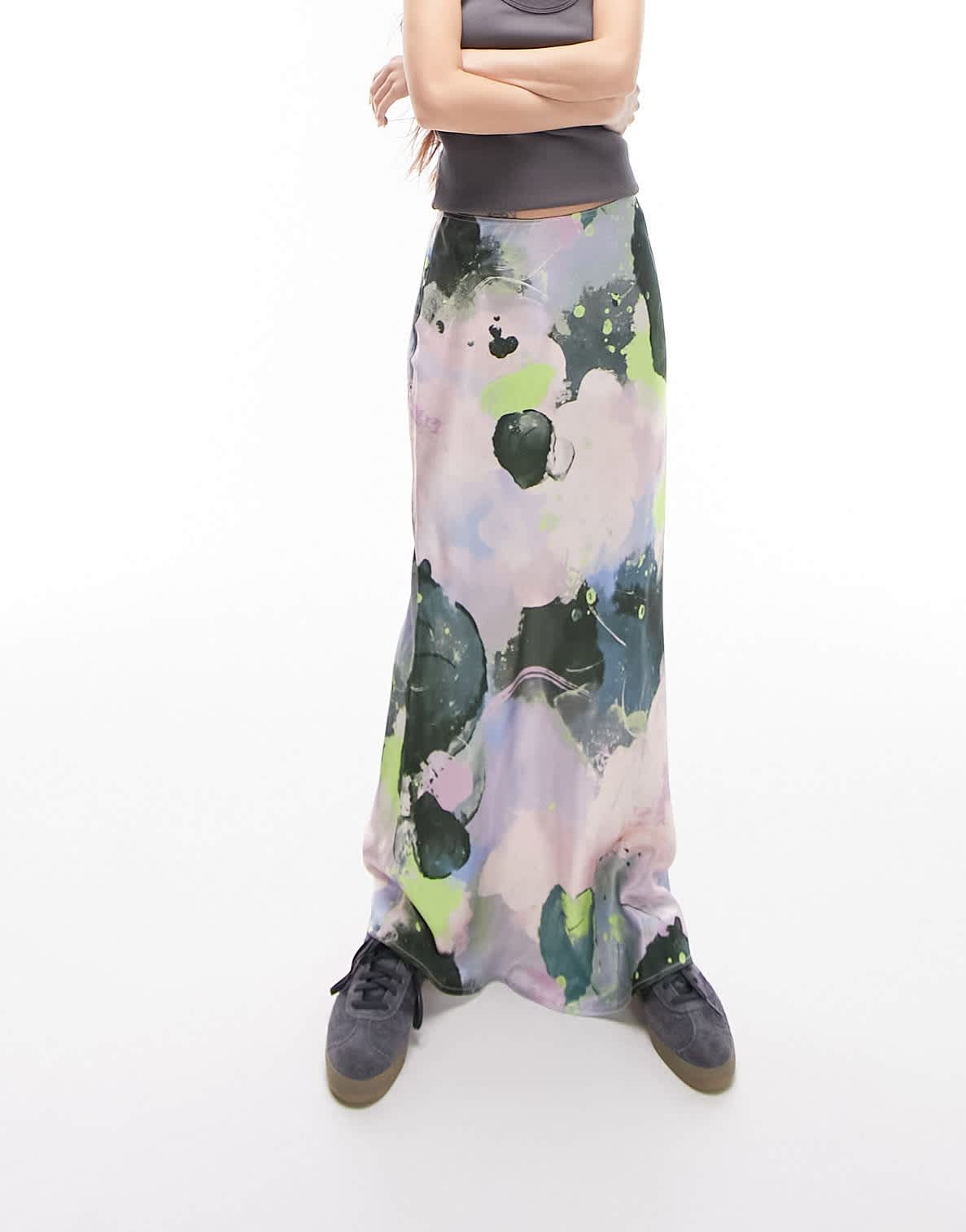 Topshop graffiti print satin bias maxi skirt in multi
