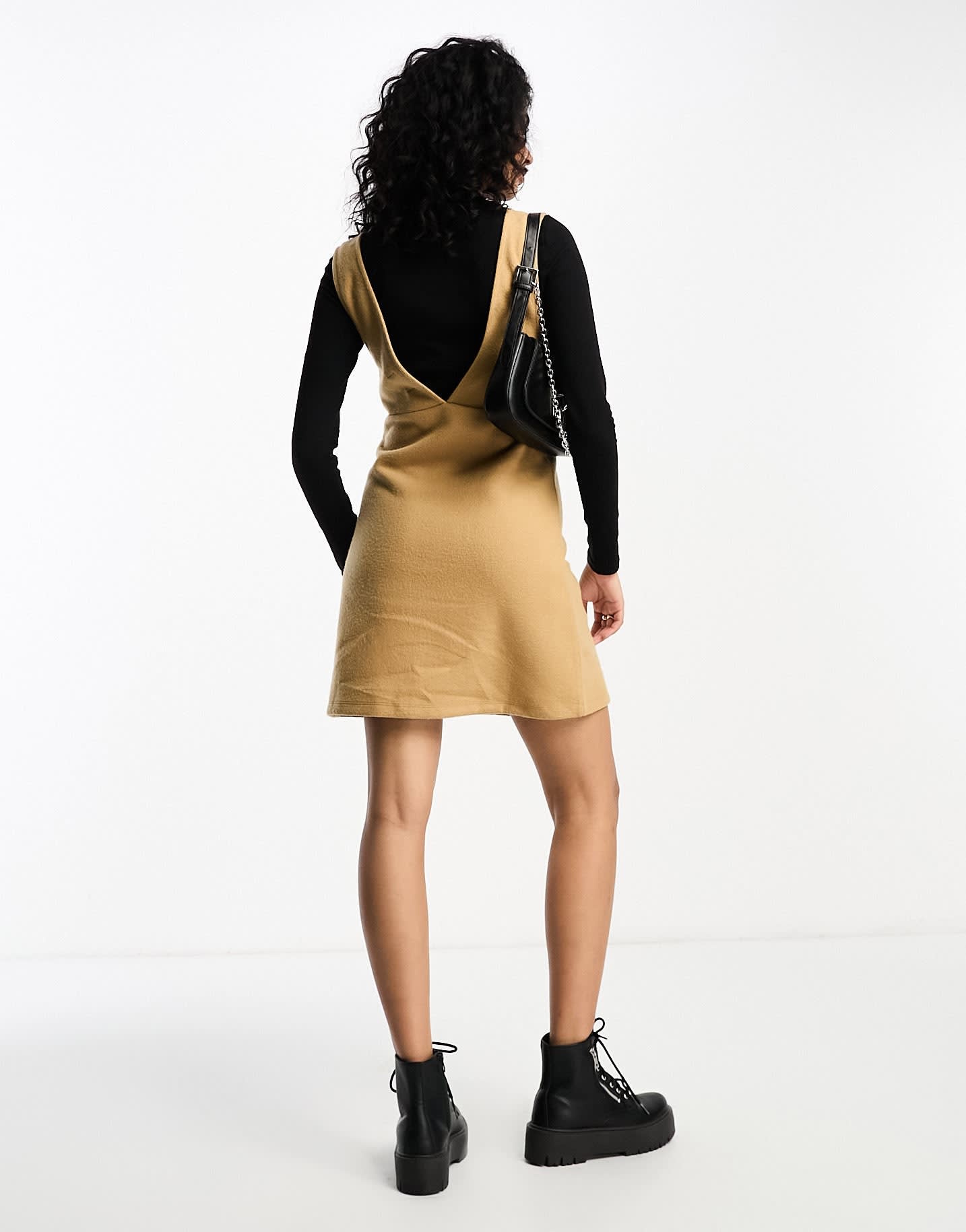 ASOS DESIGN supersoft 2 in 1 square neck pinny mini jumper dress in camel