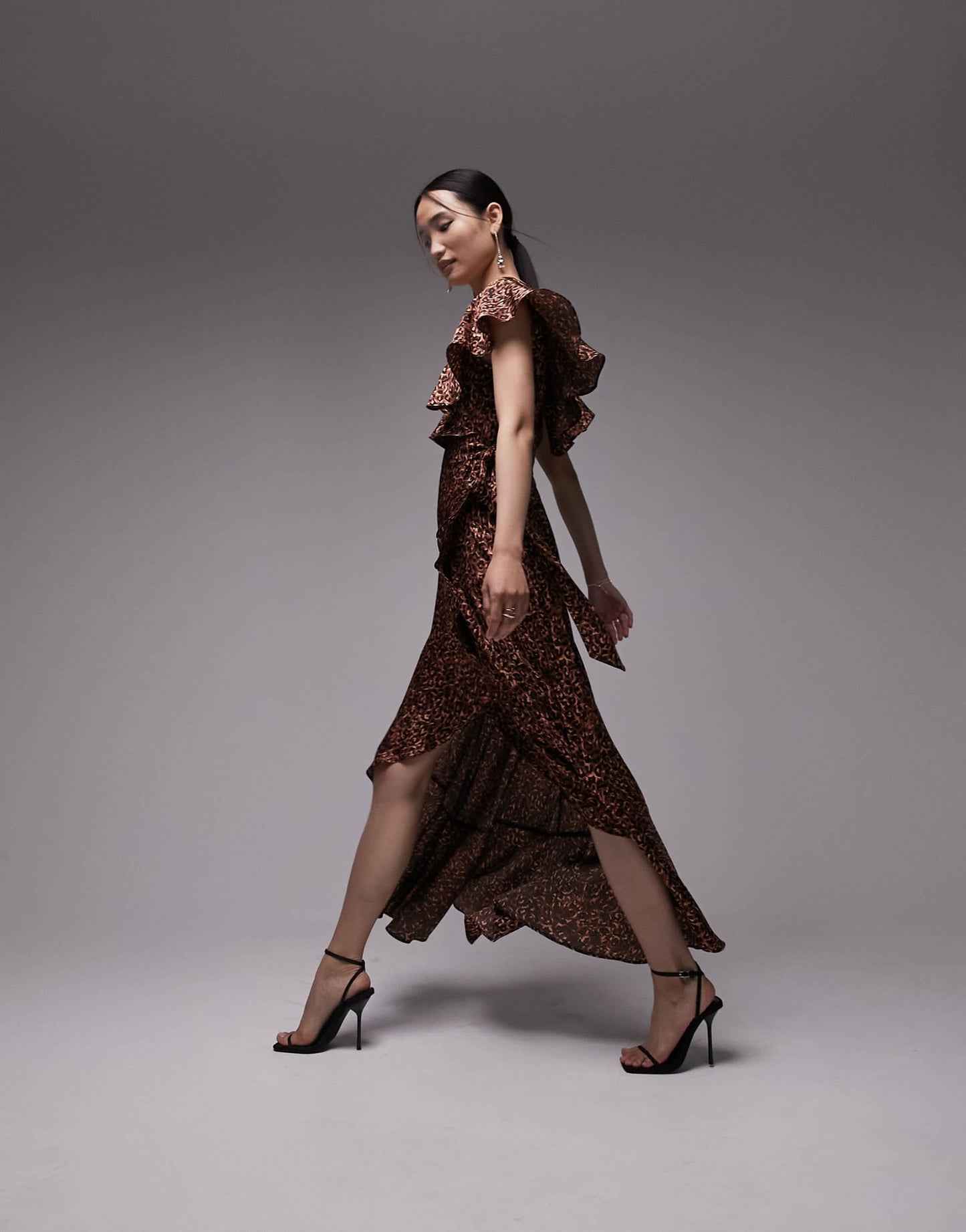 Topshop ruffle wrap midi dress in brown animal