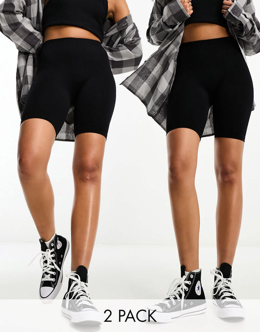 Bershka 2 pack ribbed legging shorts in black