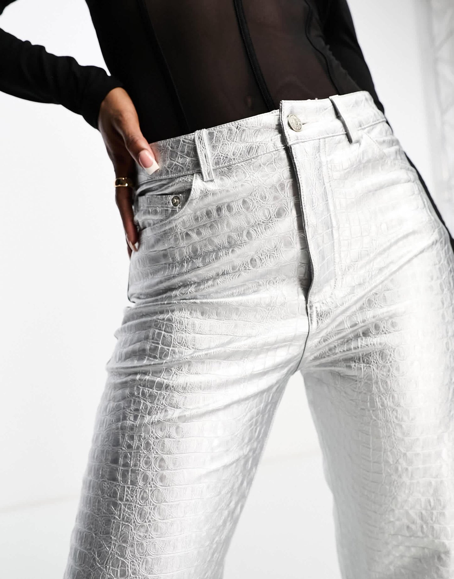 Naked Wardrobe leather look wide leg trouser in silver croc