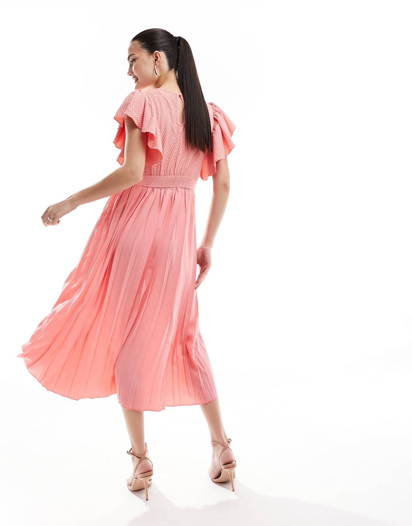 Little Mistress lace detail midaxi flutter sleeve dress in coral