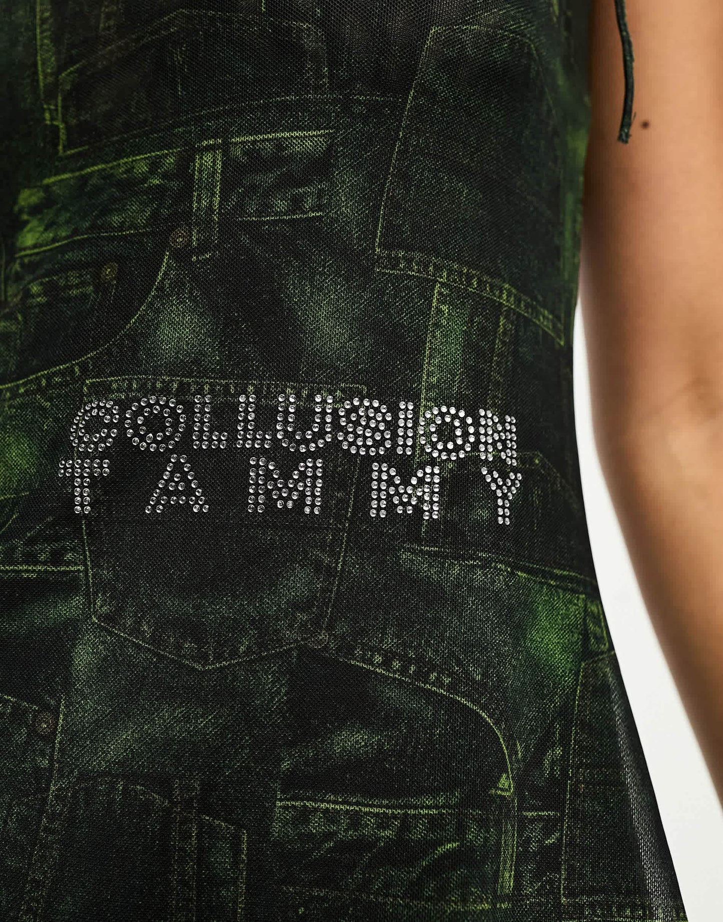 COLLUSION x TAMMY mesh denim printed cami dress with hot fix branding in green