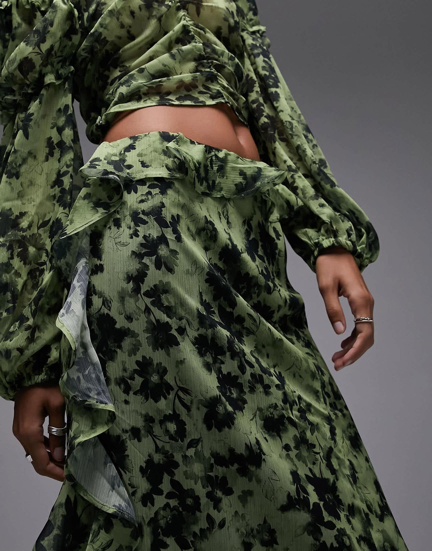 Topshop co-ord raw edge ruffle midi skirt in green floral