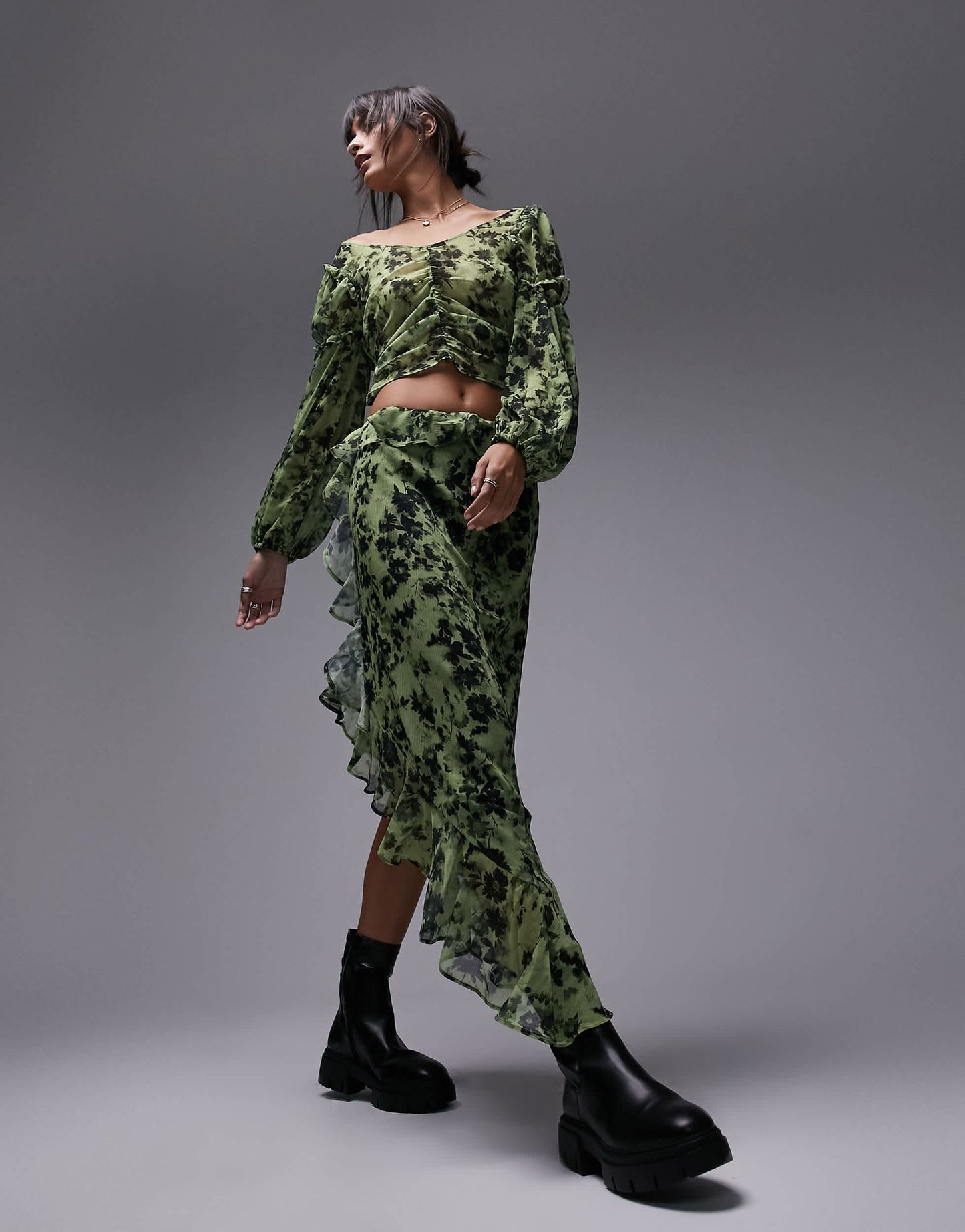 Topshop co-ord raw edge ruffle midi skirt in green floral