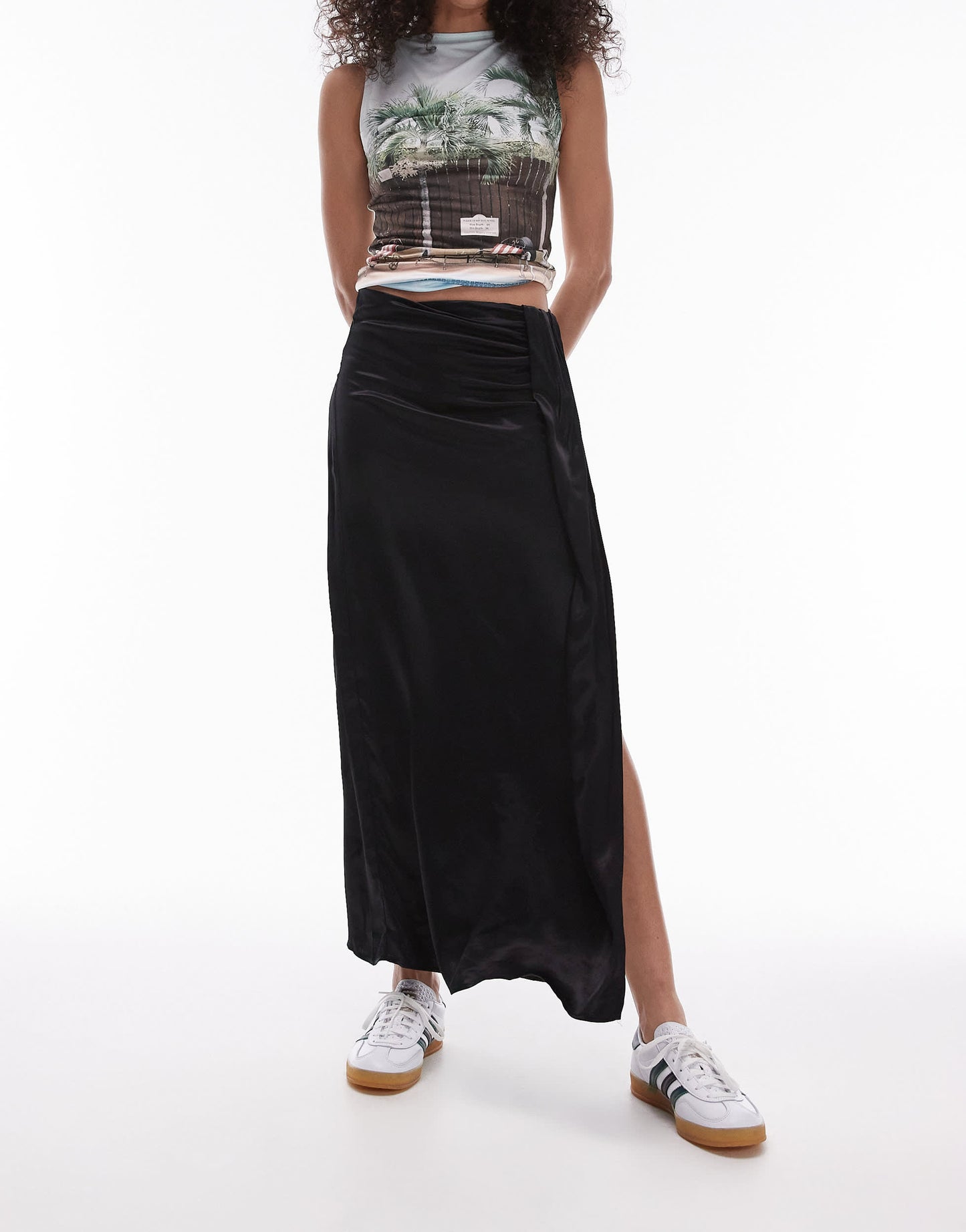 Topshop satin tuck midi skirt in black