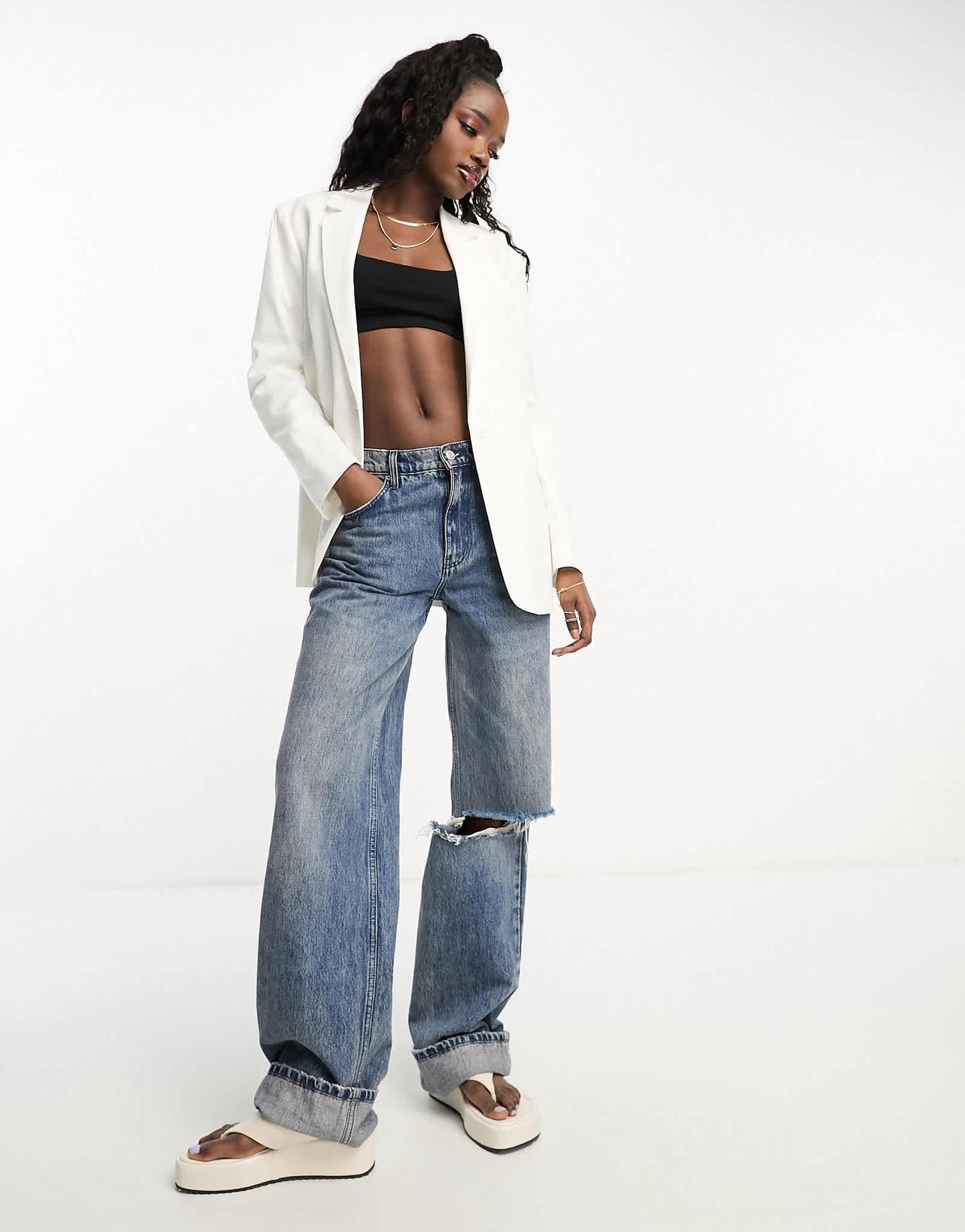 Stradivarius oversized linen blazer in white