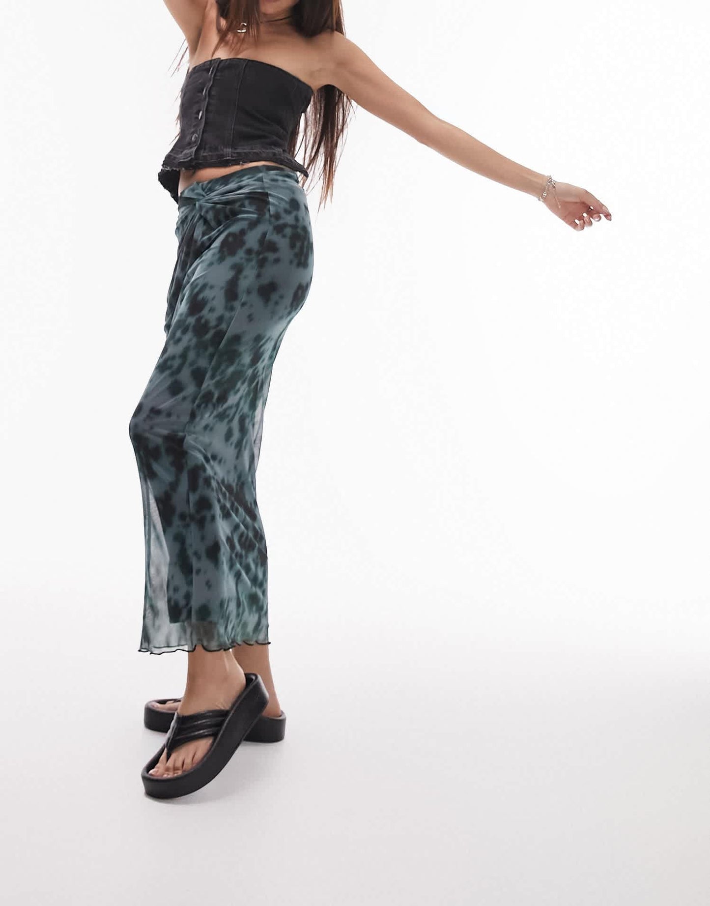 Topshop knot detail animal print midi skirt in black