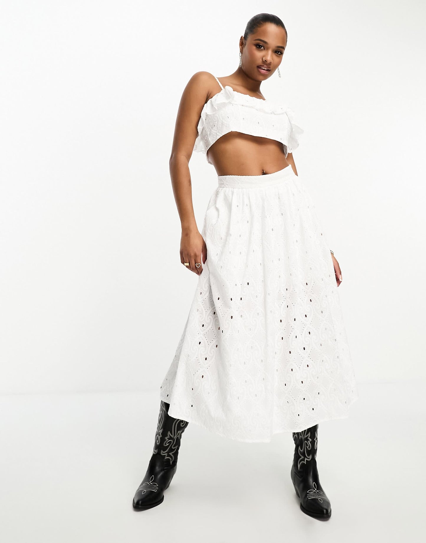 River Island Petite co-ord broderie bandeau frilly crop top in white