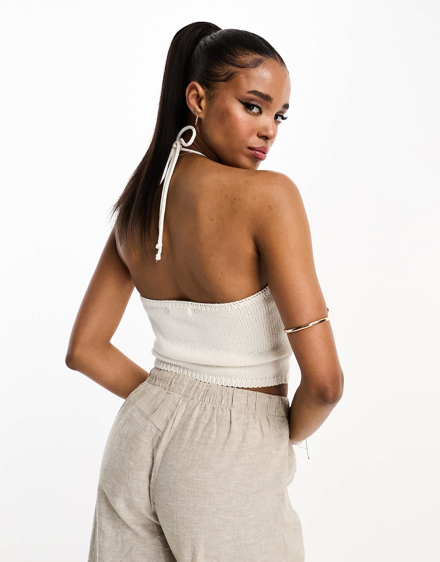 Stradivarius STR laddered halter knit top in white