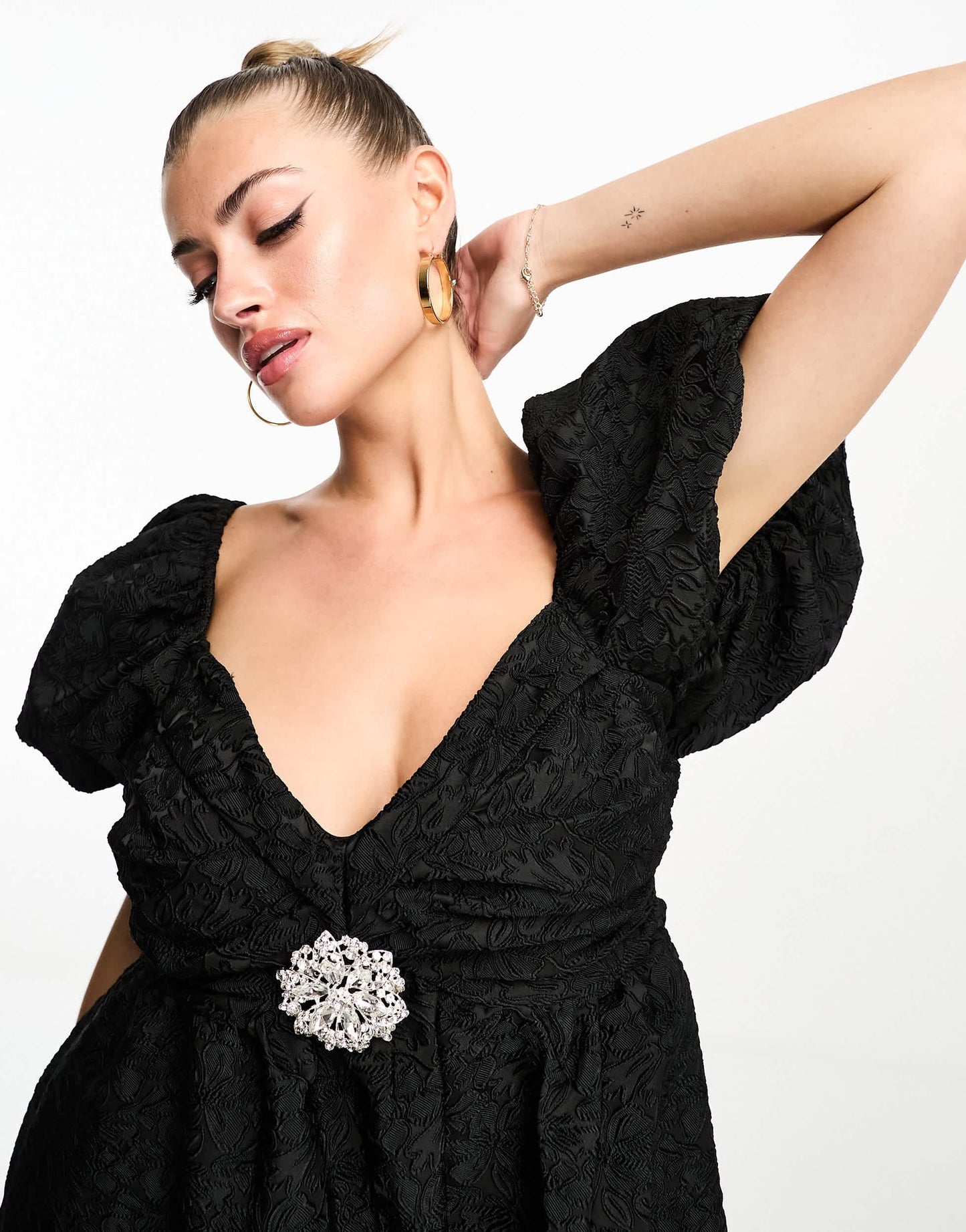 Forever Unique jacquard mini dress with embellished brooch in black