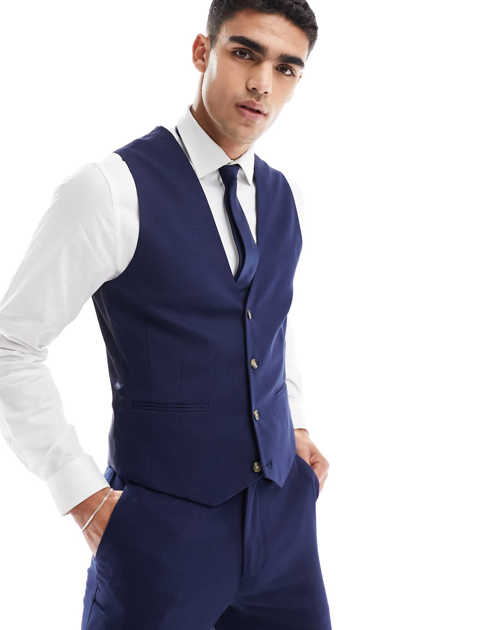 ASOS DESIGN wedding super skinny suit waistcoat in navy microtexture